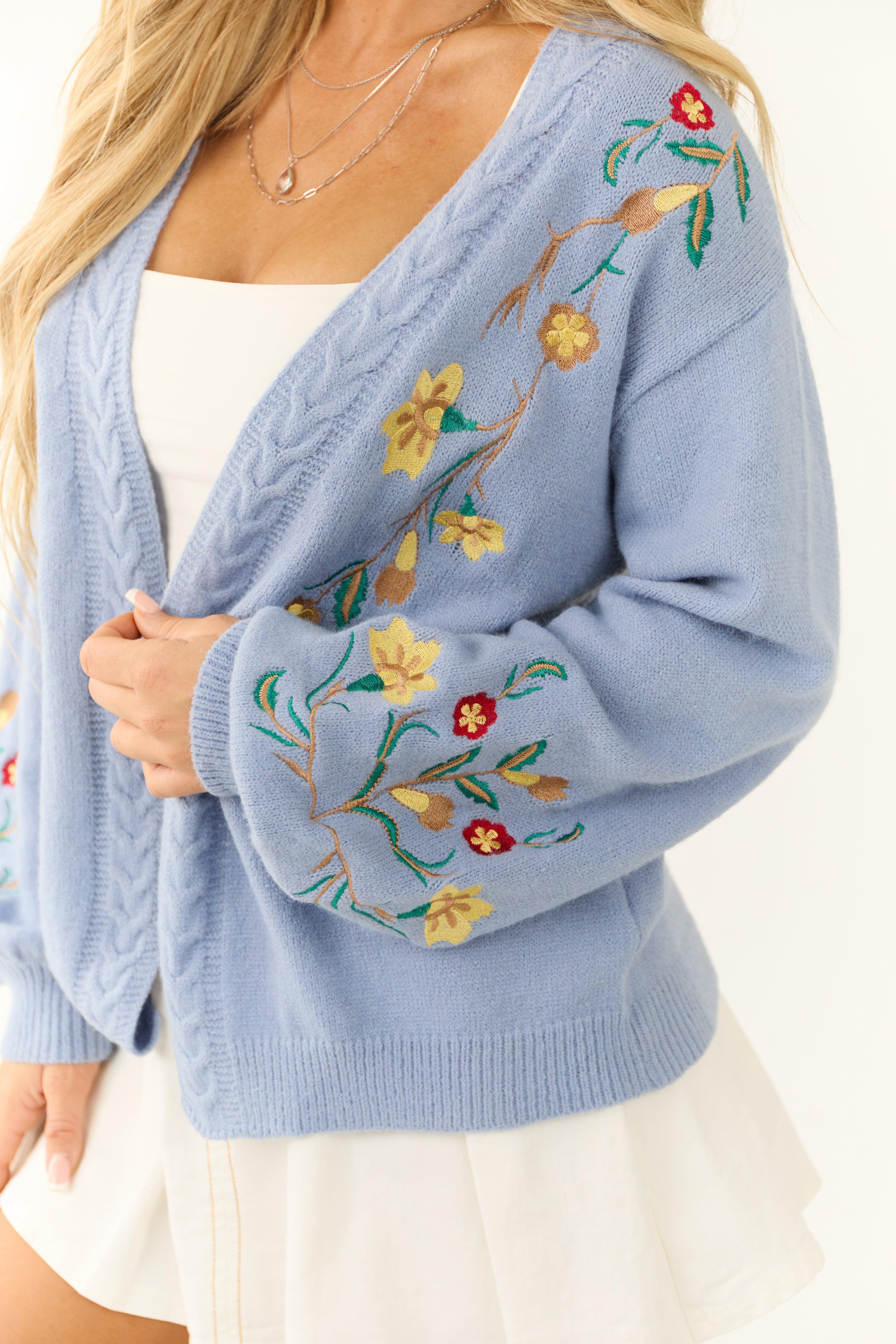 Powder Blue Floral Embroidered Knit Cardigan Lime Lush Boutique