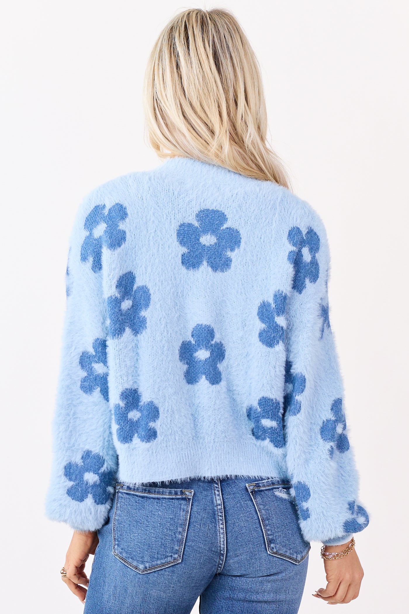 Powder Blue Floral Open Front Eyelash Knit Cardigan