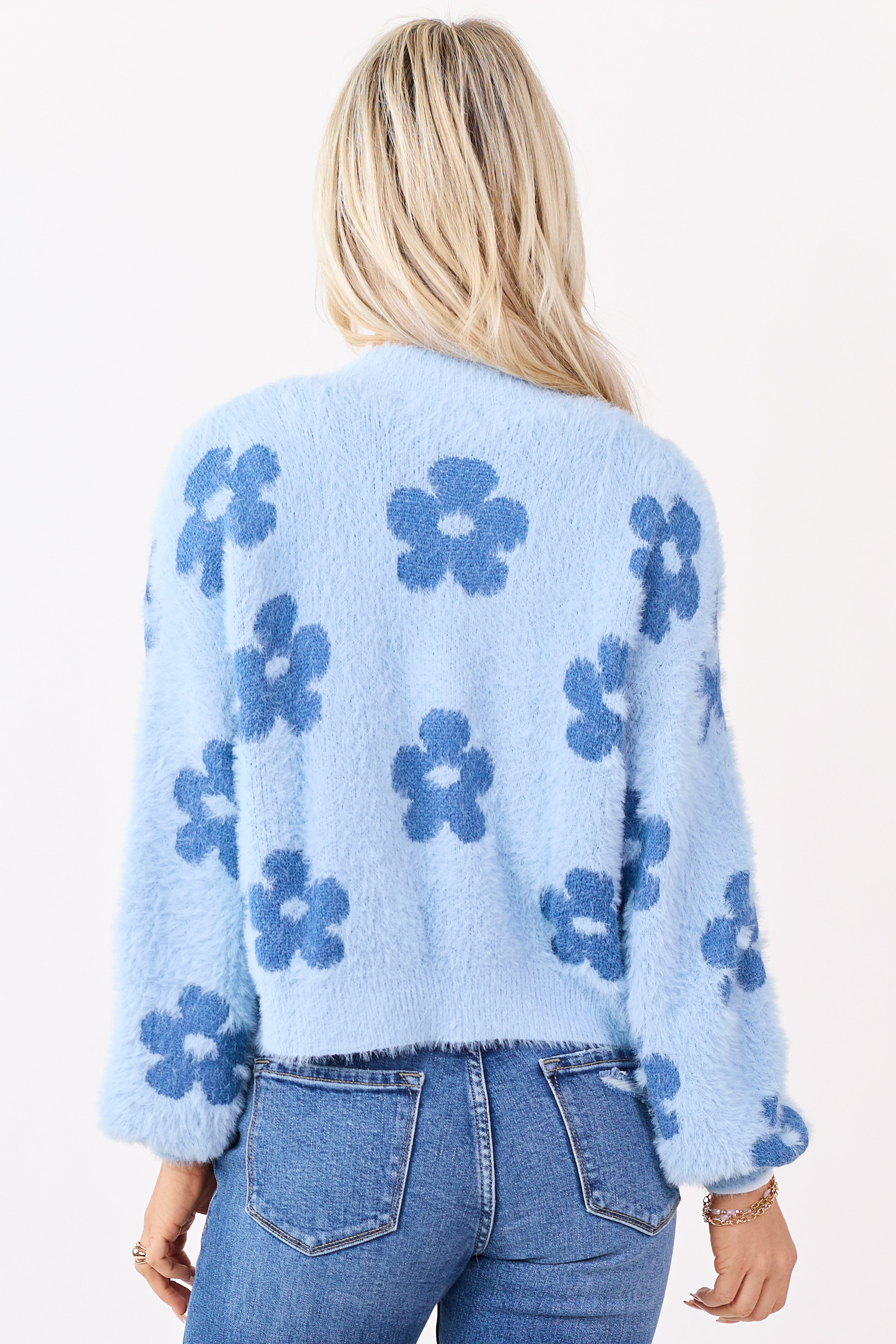 Powder Blue Floral Open Front Eyelash Knit Cardigan