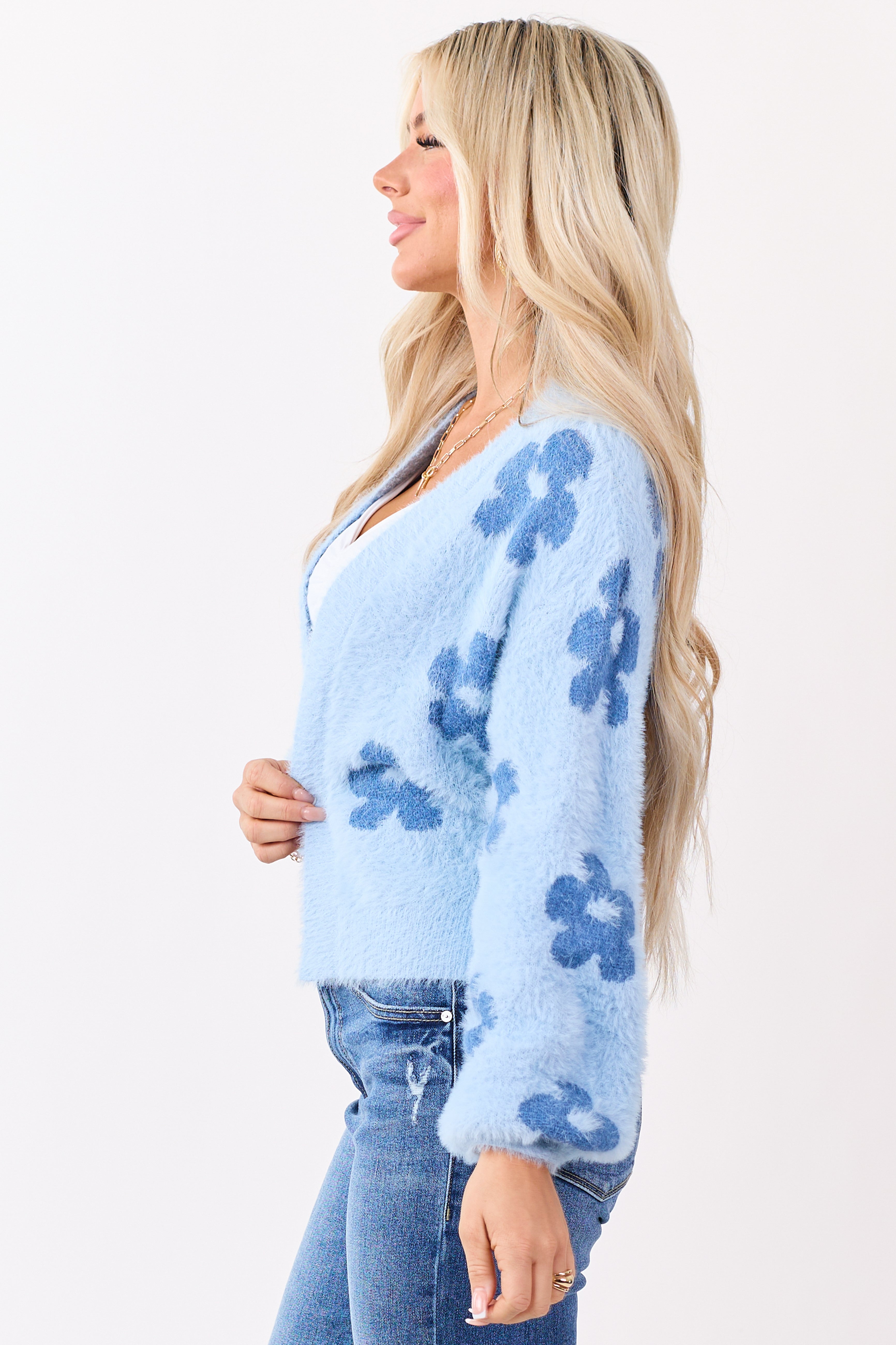 Powder Blue Floral Open Front Eyelash Knit Cardigan