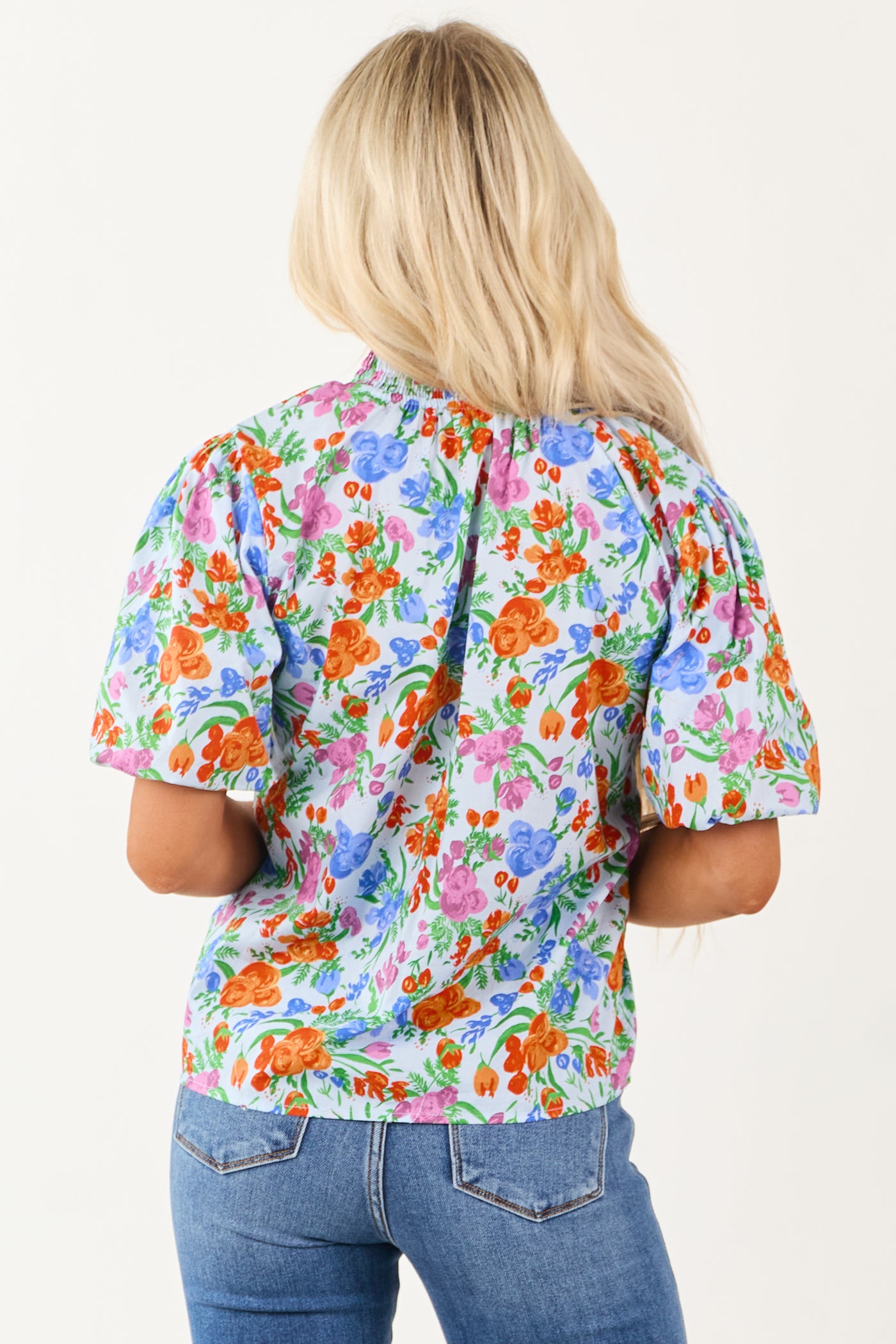 Powder Blue Floral Print Bubble Sleeve Cotton Top