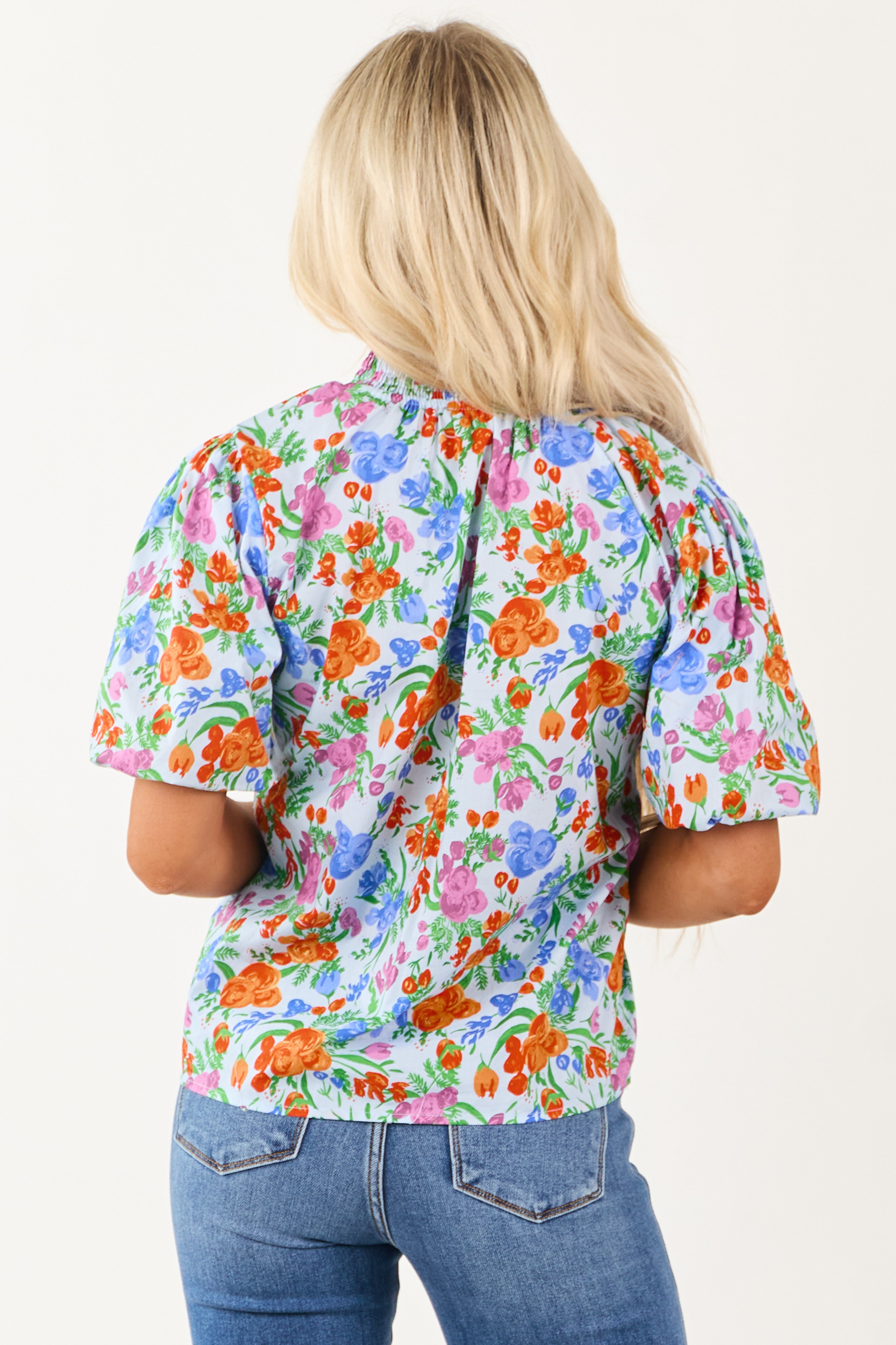 Powder Blue Floral Print Bubble Sleeve Cotton Top