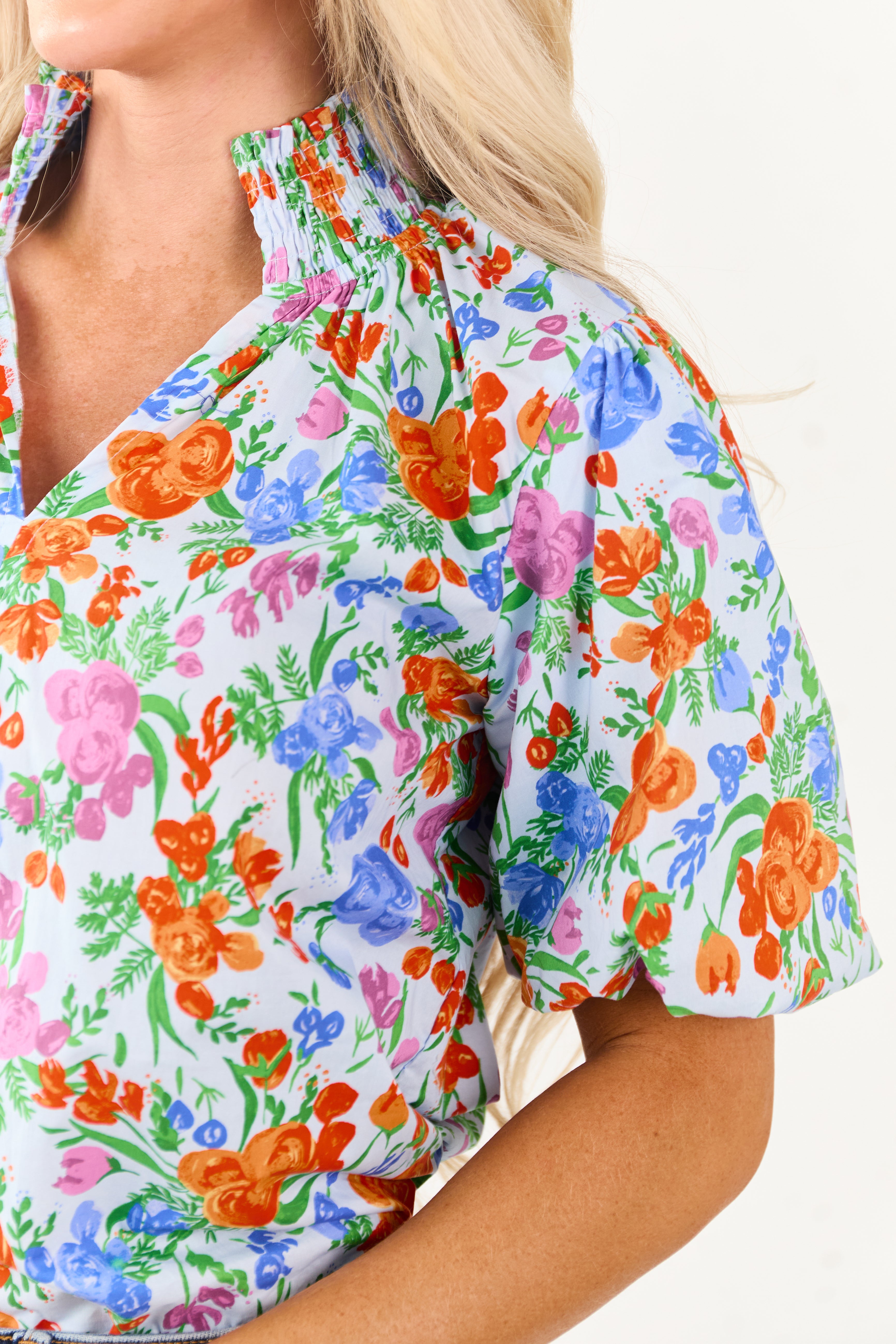 Powder Blue Floral Print Bubble Sleeve Cotton Top
