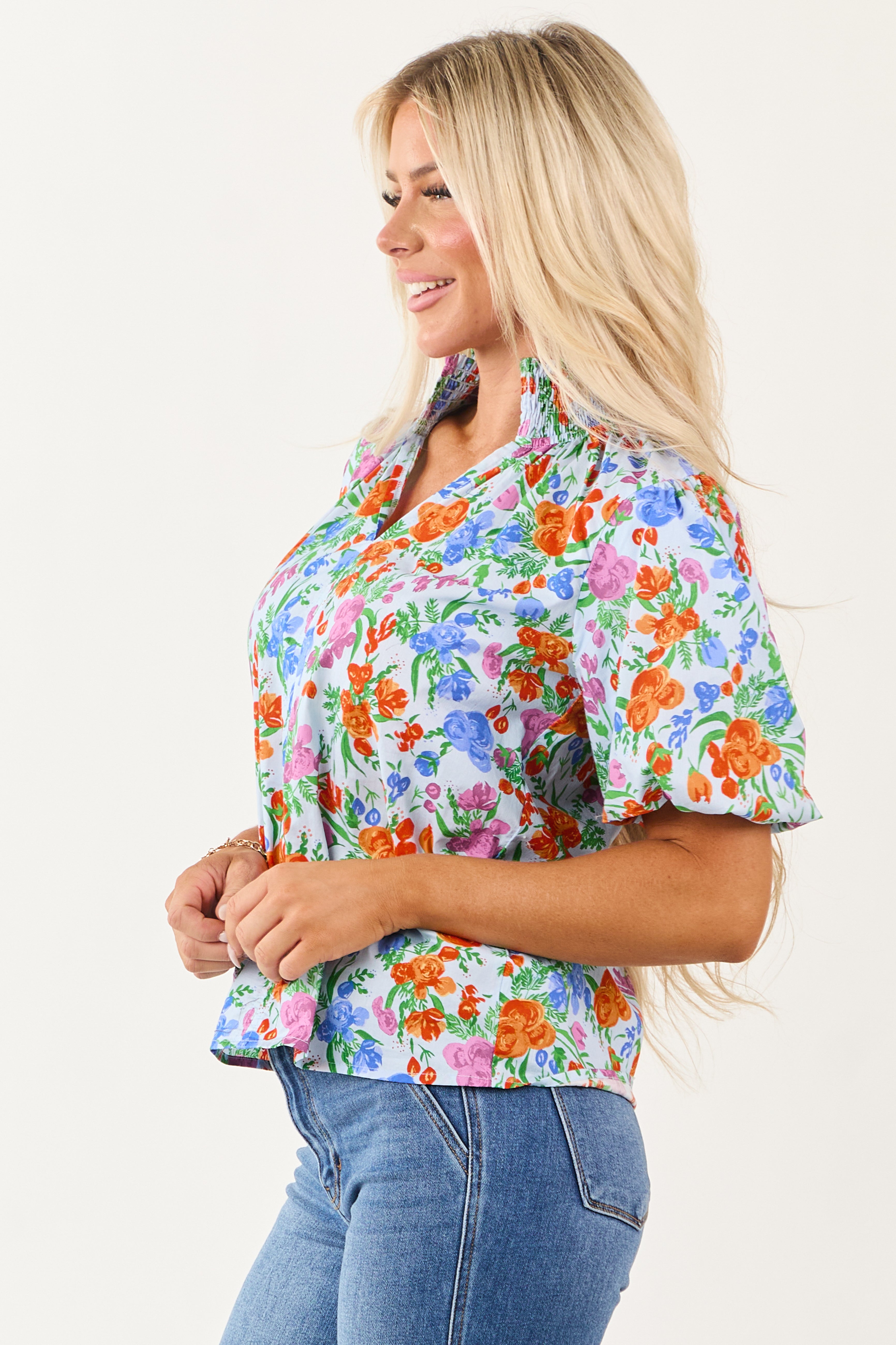 Powder Blue Floral Print Bubble Sleeve Cotton Top