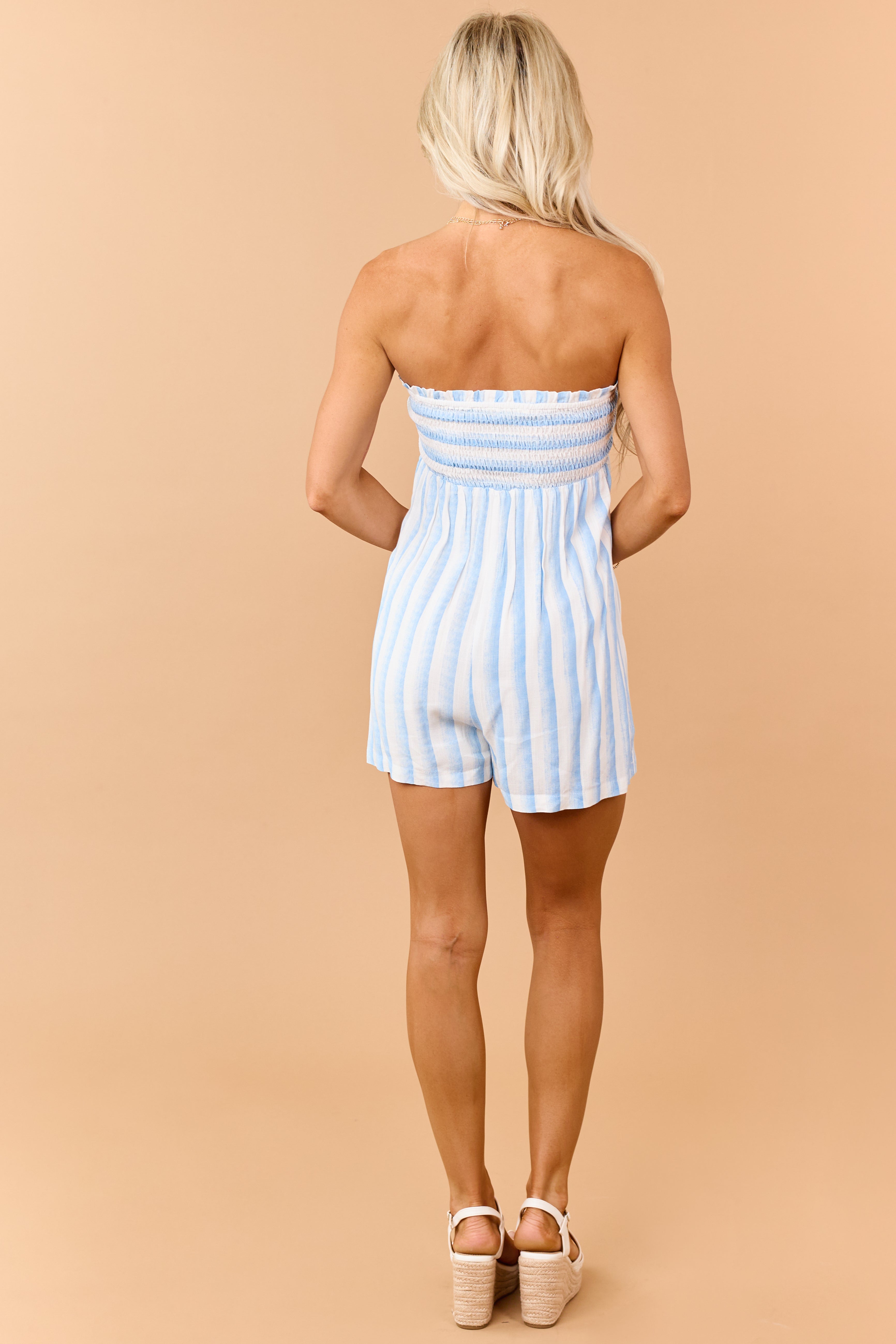 Powder Blue Gradient Striped Strapless Romper | Lime Lush Boutique