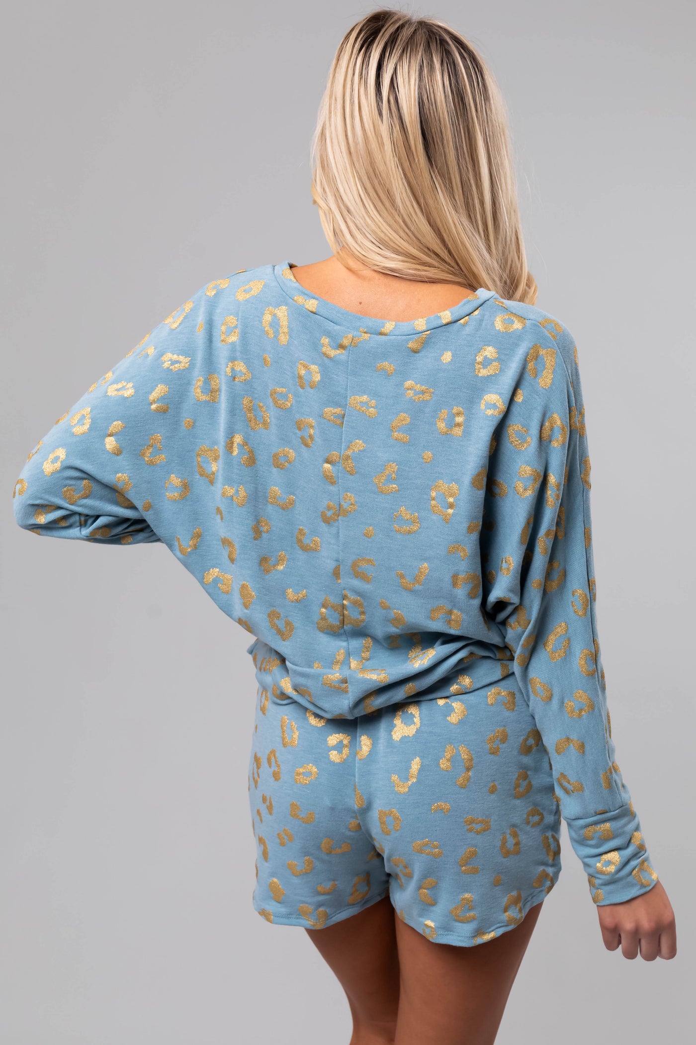 Powder Blue Leopard Print Long Sleeve Soft Top