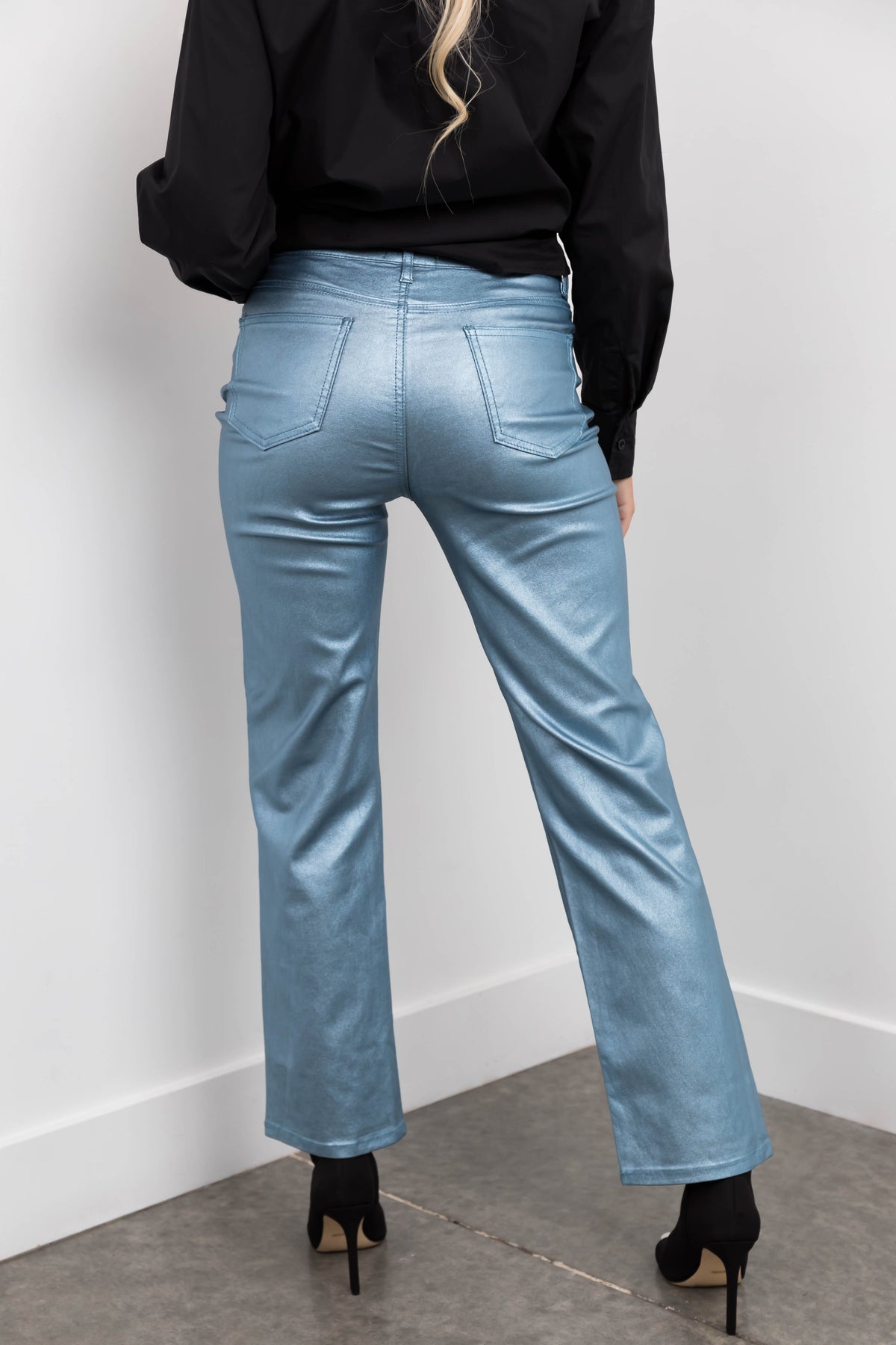 Powder Blue Jean Powder Blue Metallic High Rise Dad Jeans | Lime Lush Boutique