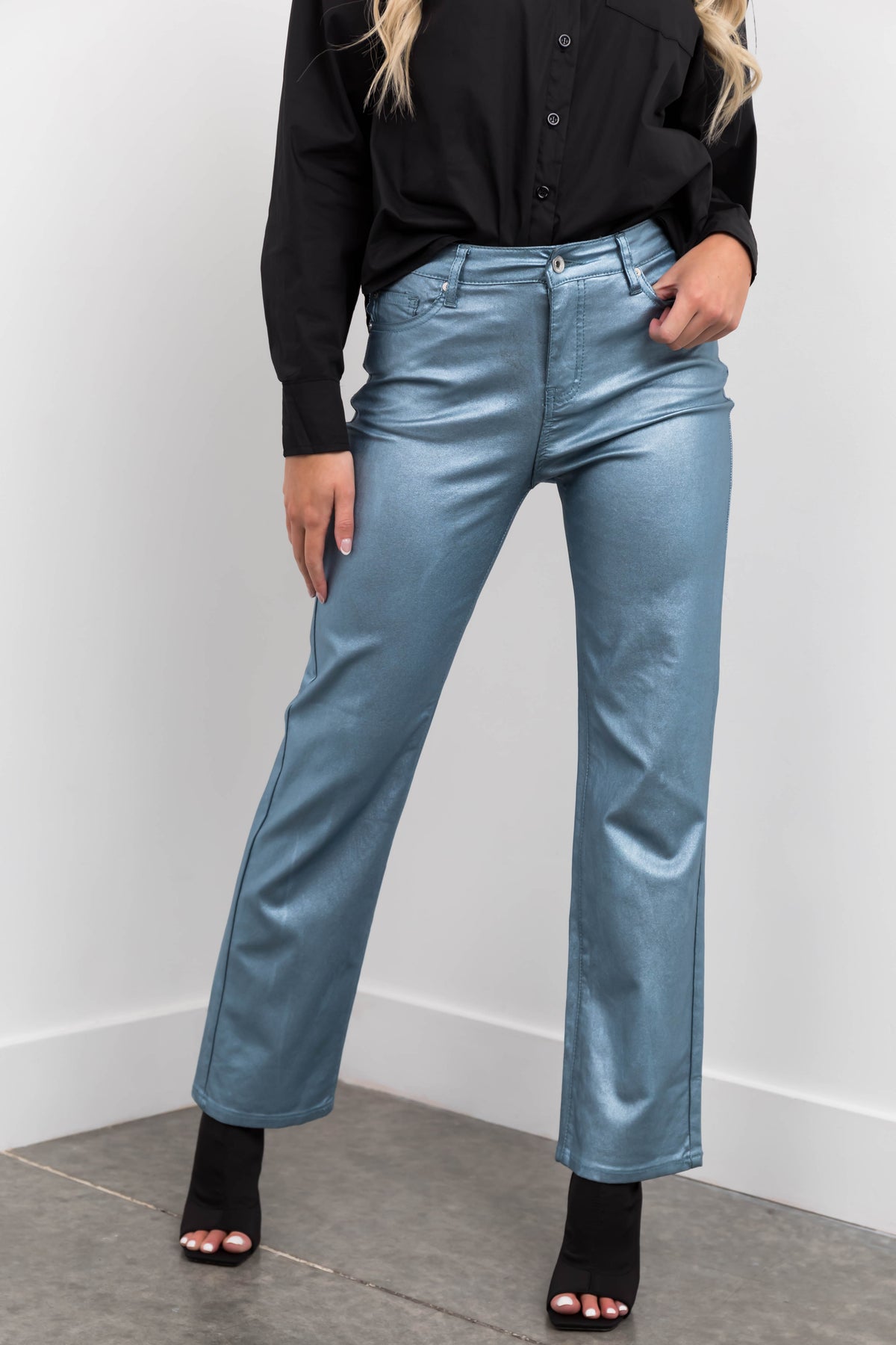 Powder Blue Jean Powder Blue Metallic High Rise Dad Jeans | Lime Lush Boutique
