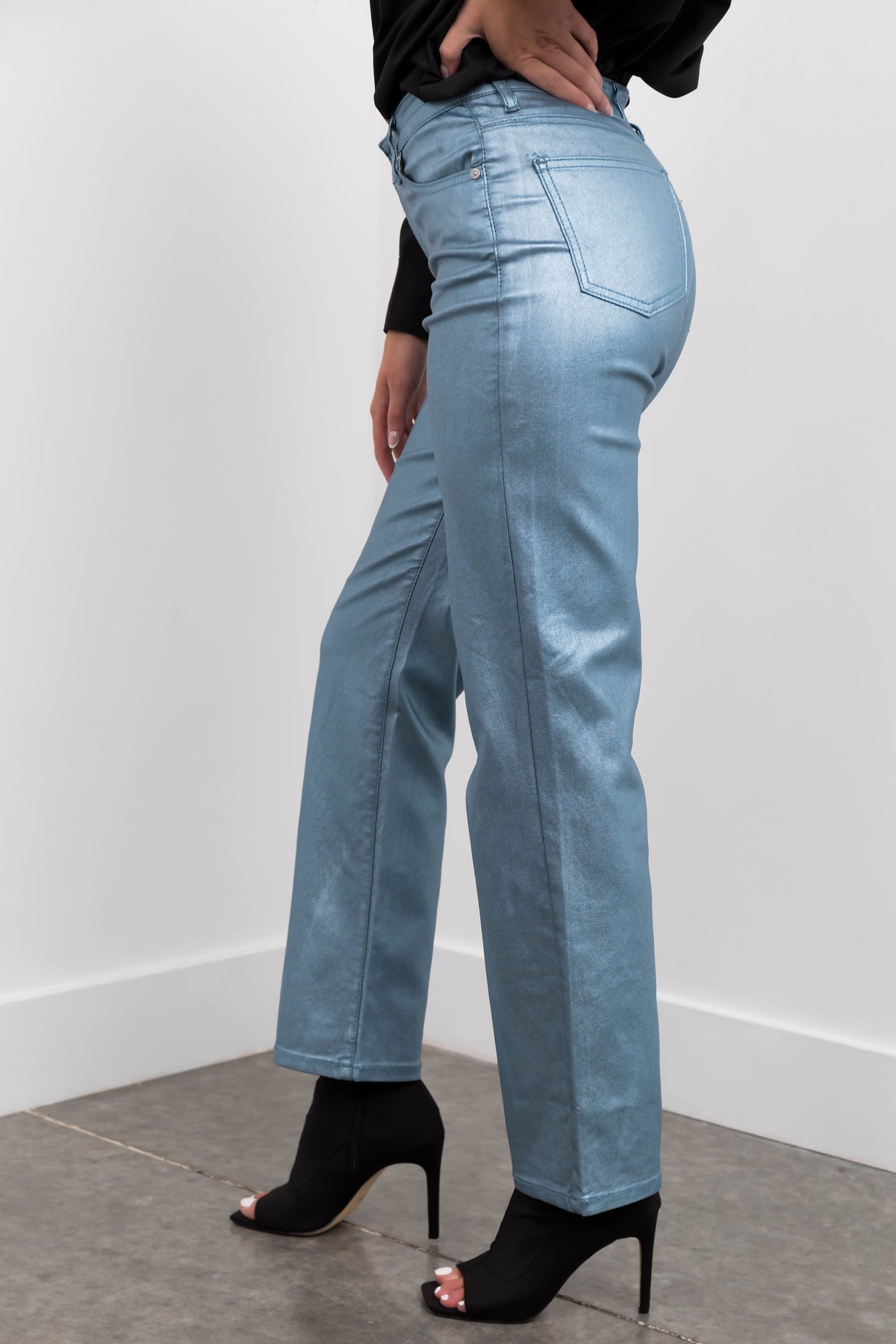 Powder Blue Jean Powder Blue Metallic High Rise Dad Jeans | Lime Lush Boutique