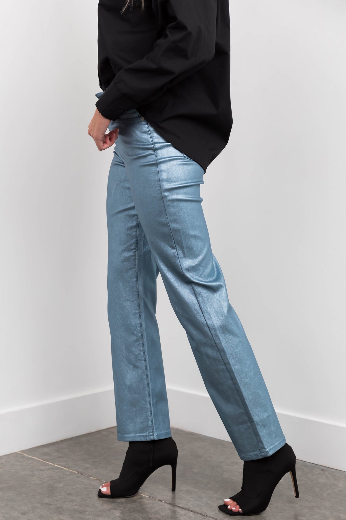 Powder Blue Jean Powder Blue Metallic High Rise Dad Jeans | Lime Lush Boutique