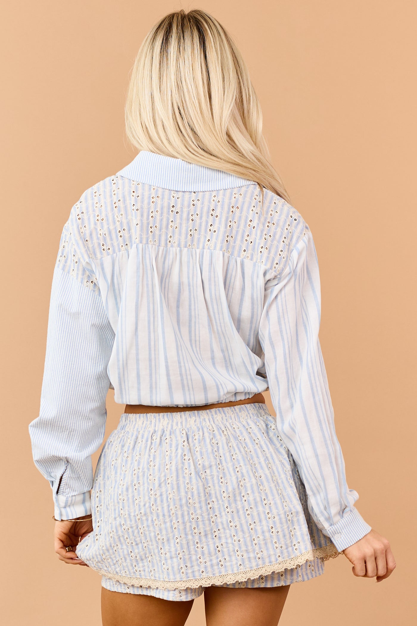 Powder Blue Mixed Stripe Eyelet Cotton Lace Blouse