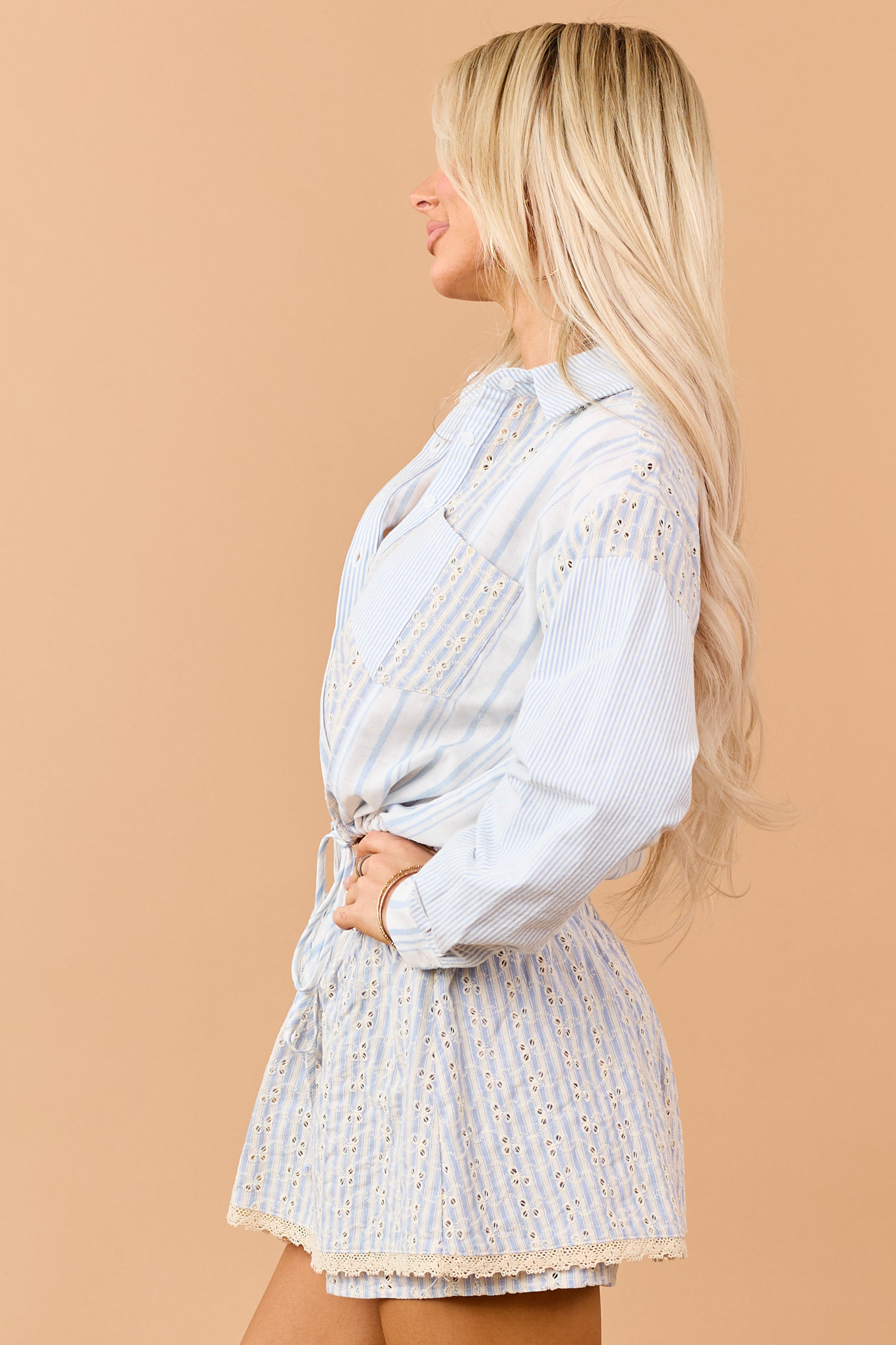 Powder Blue Mixed Stripe Eyelet Cotton Lace Blouse