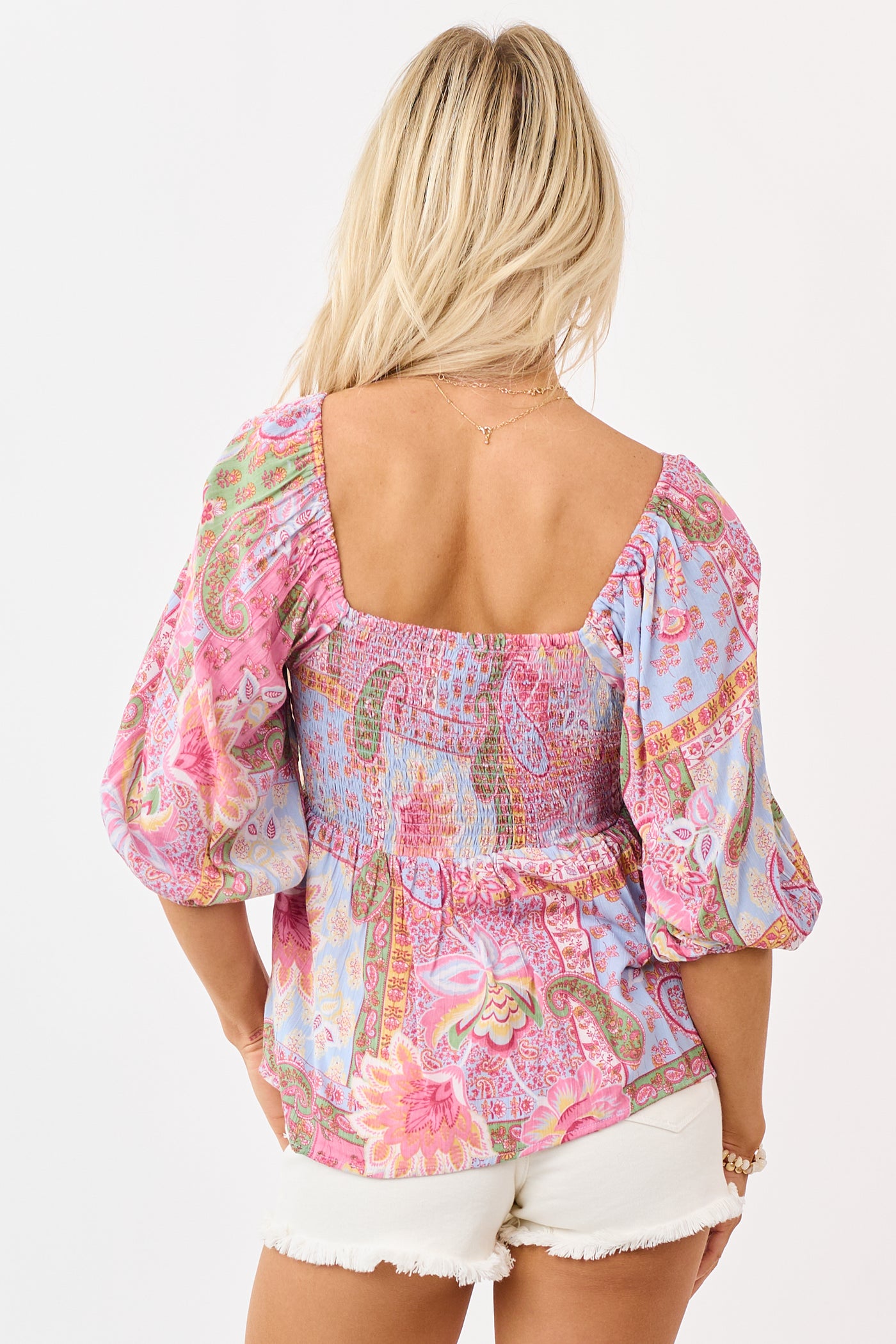 Powder Blue Patchwork Paisley Twist Babydoll Top