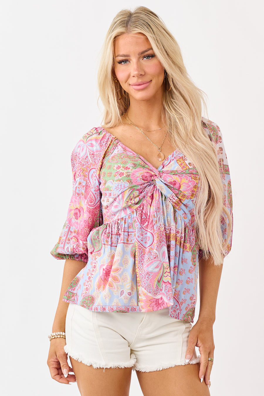 Powder Blue Patchwork Paisley Twist Babydoll Top
