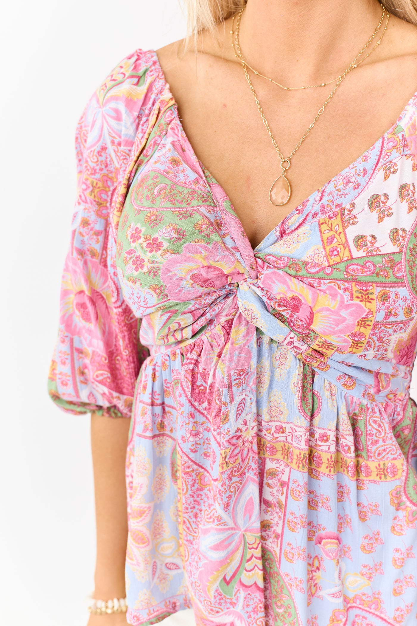 Powder Blue Patchwork Paisley Twist Babydoll Top