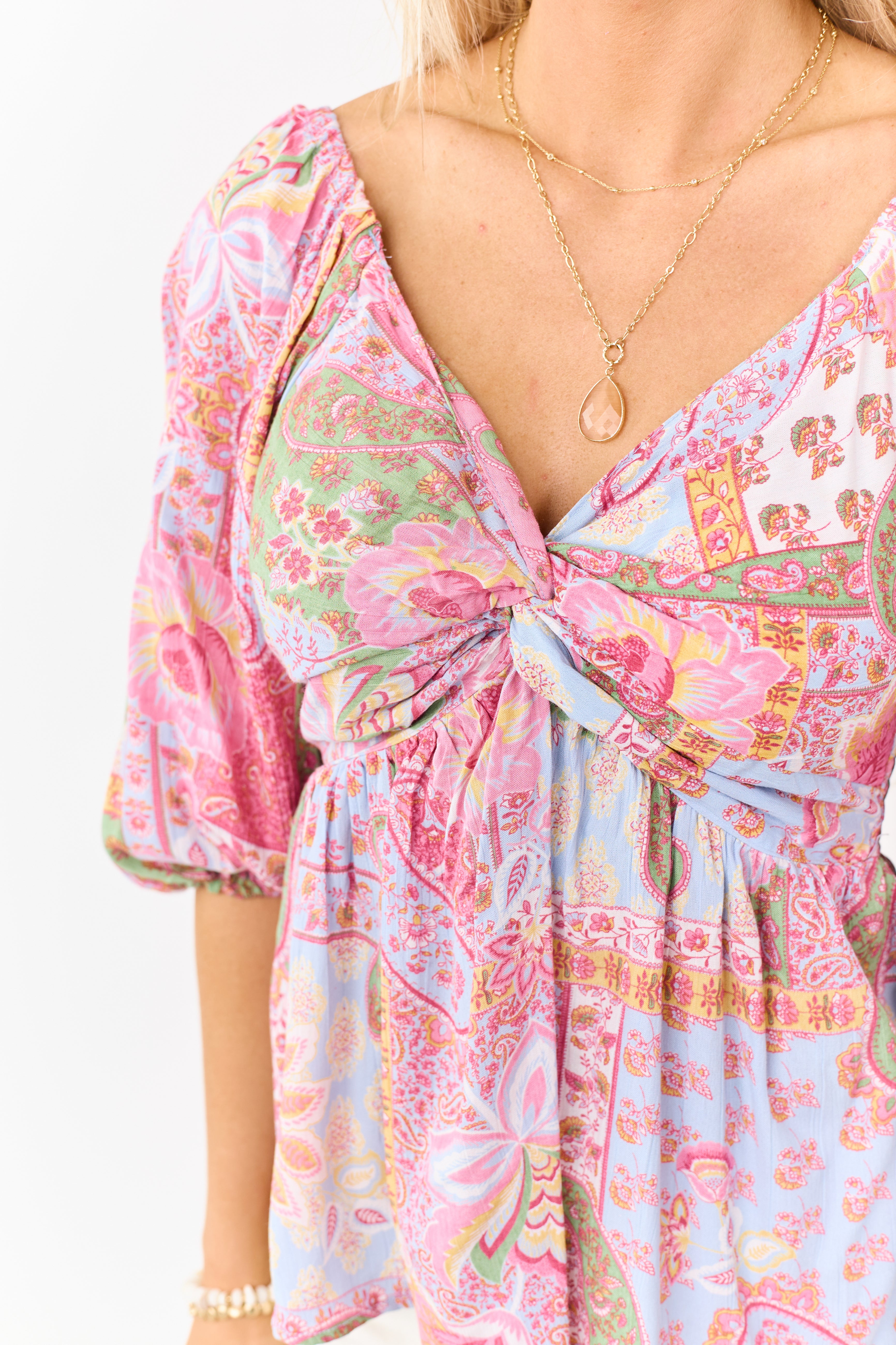 Powder Blue Patchwork Paisley Twist Babydoll Top