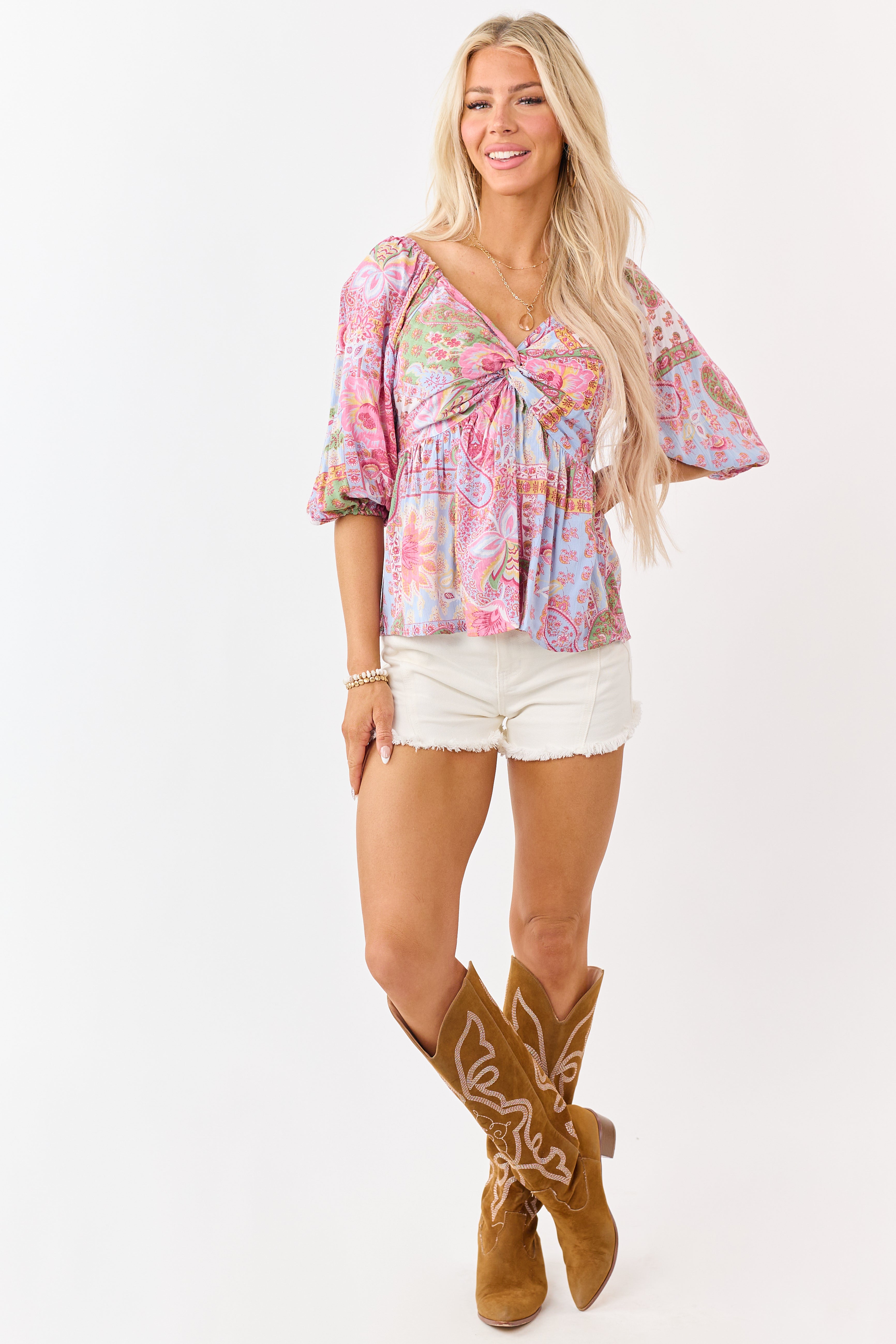 Powder Blue Patchwork Paisley Twist Babydoll Top