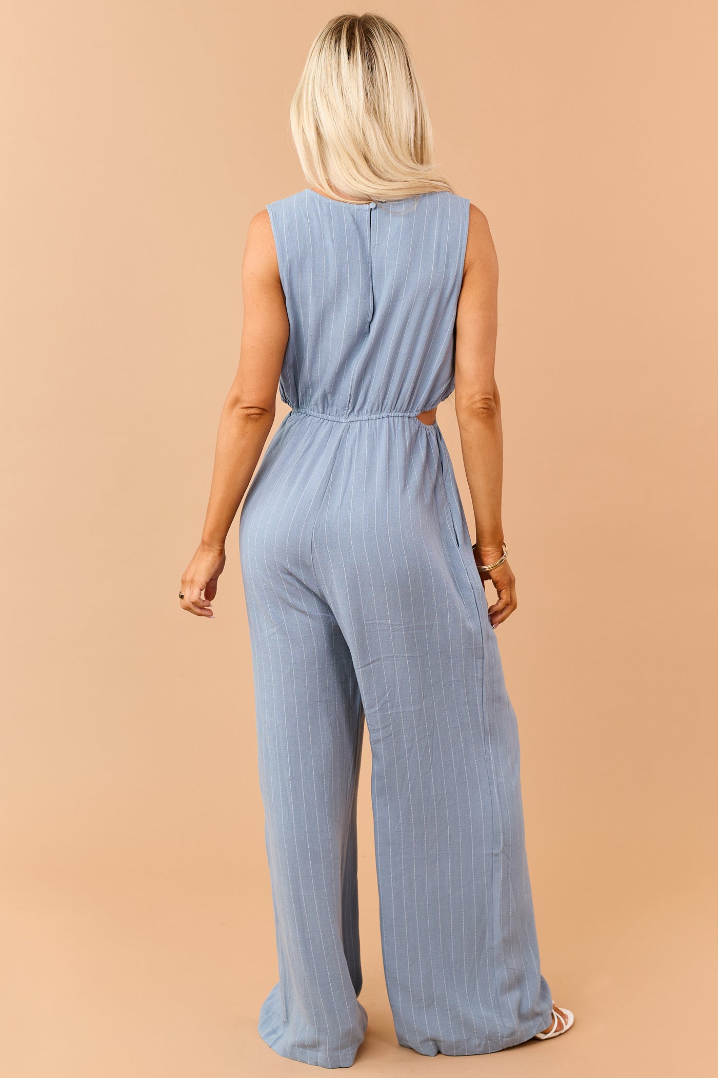 Powder Blue Pinstripe Linen Blend Side Cut Out Jumpsuit