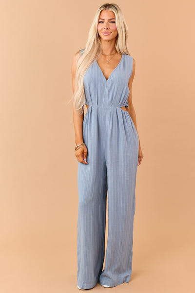 Powder Blue Pinstripe Linen Blend Side Cut Out Jumpsuit