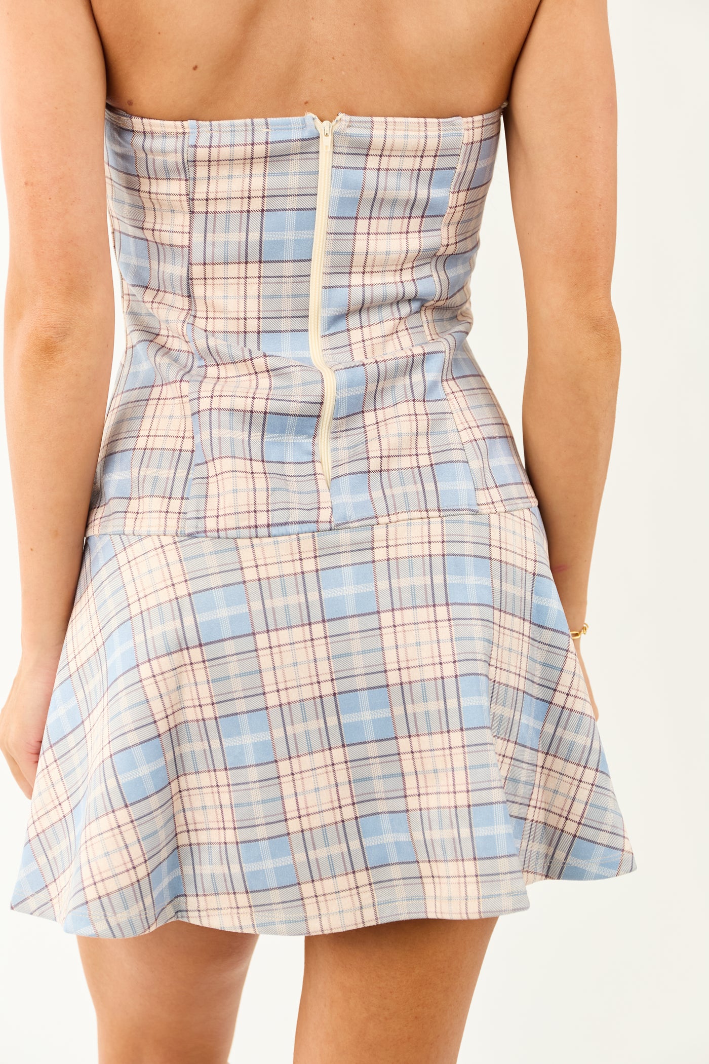 Powder Blue Plaid Strapless Soft Mini Dress
