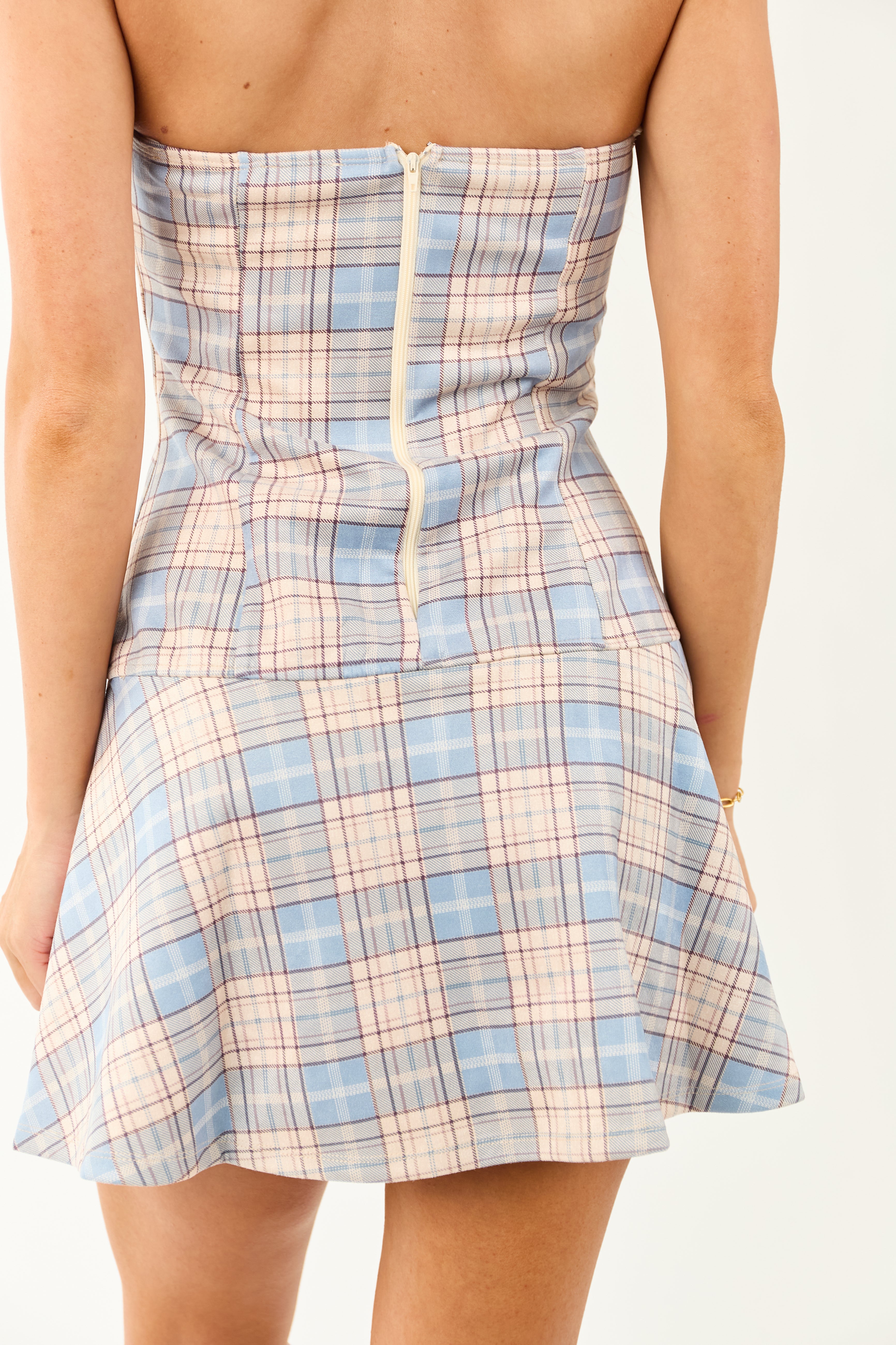 Powder Blue Plaid Strapless Soft Mini Dress