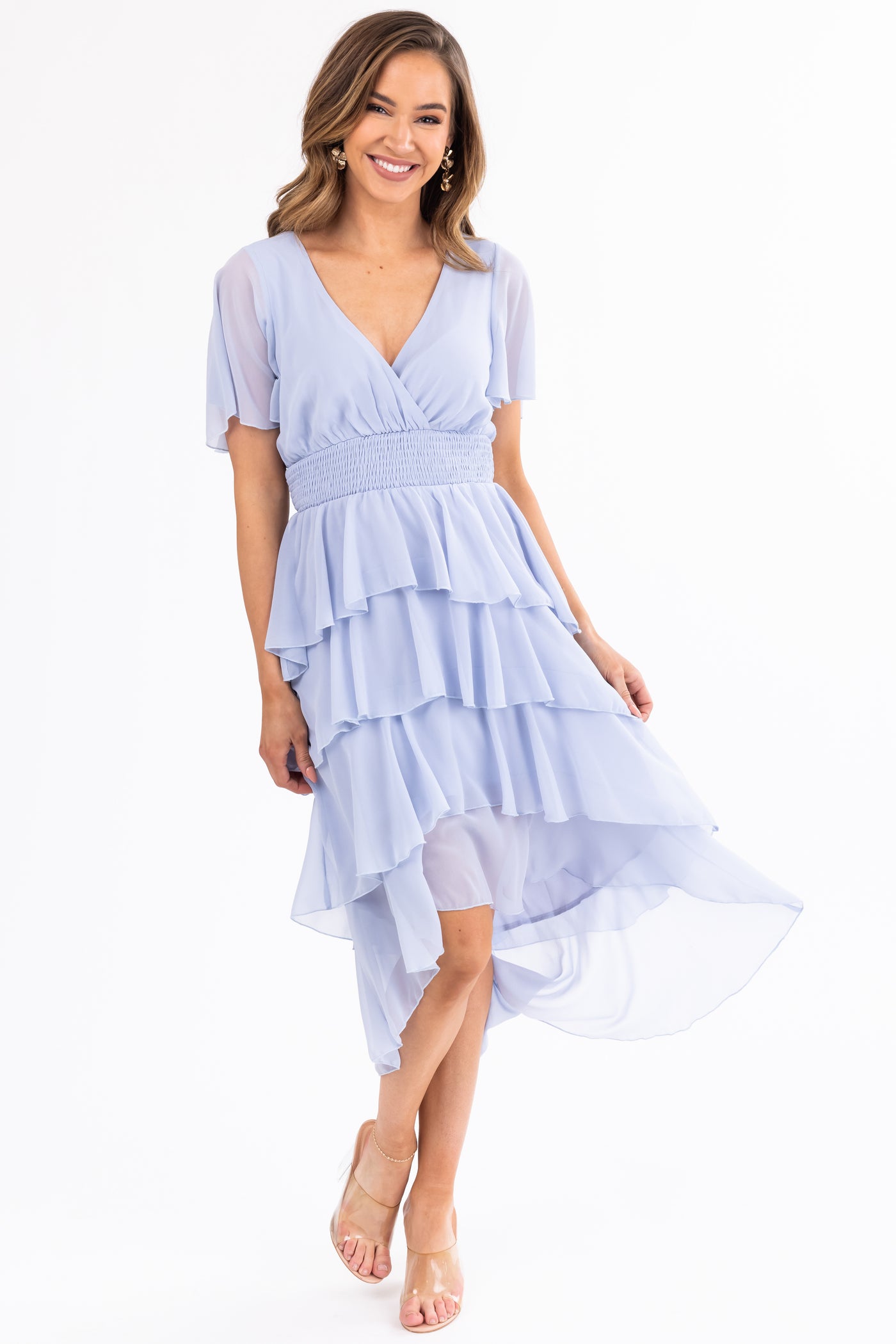 Powder Blue Ruffle High Low Midi Dress | Lime Lush Boutique Powder Blue Ruffle High Low Midi Dress | Lime Lush Boutique