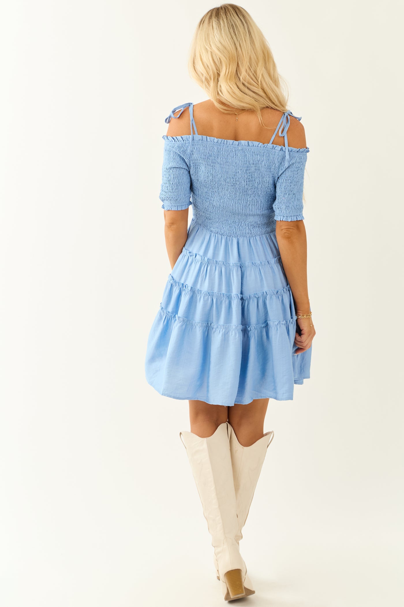 Powder Blue Smocked Top Off Shoulder Mini Dress Powder Blue Smocked Top Off Shoulder Mini Dress