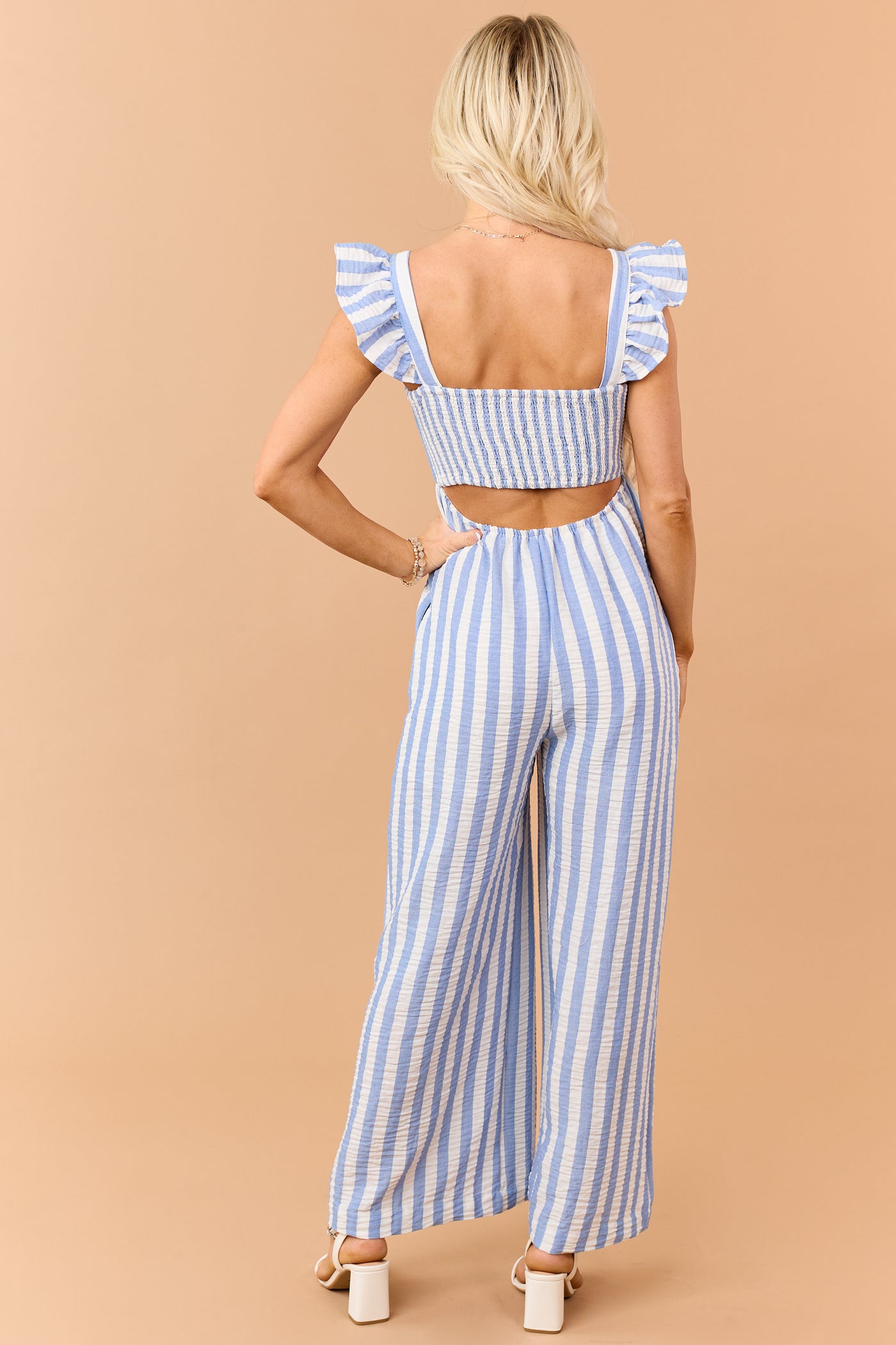 Powder Blue Striped Bust Tie Wide Leg Jumpsuit