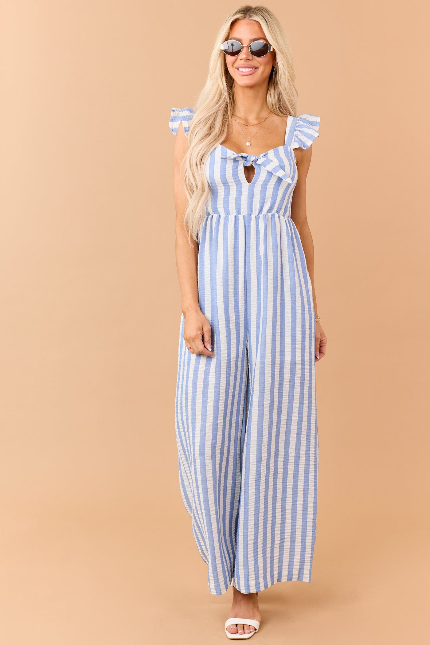 Powder Blue Striped Bust Tie Wide Leg Jumpsuit