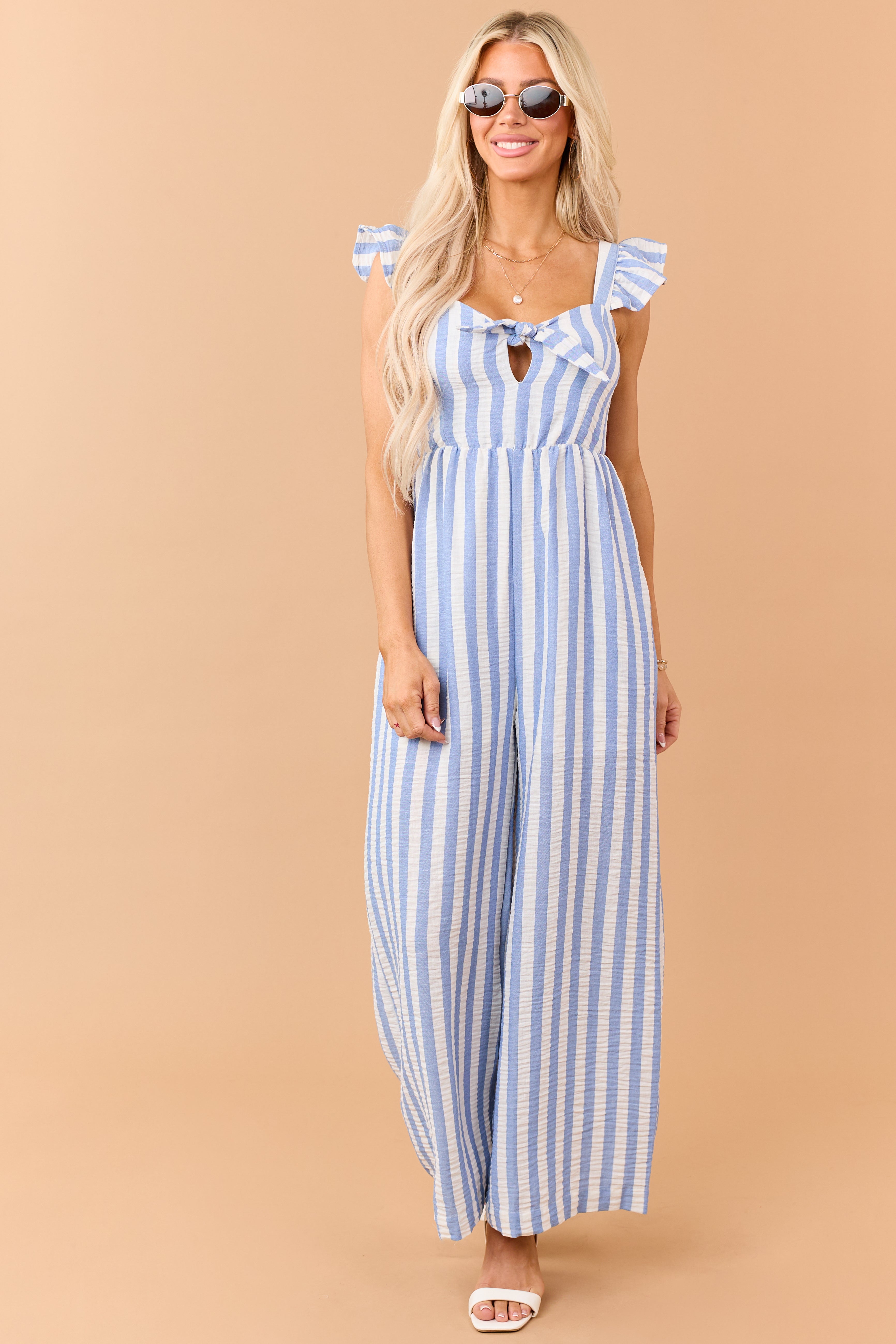 Powder Blue Striped Bust Tie Wide Leg Jumpsuit