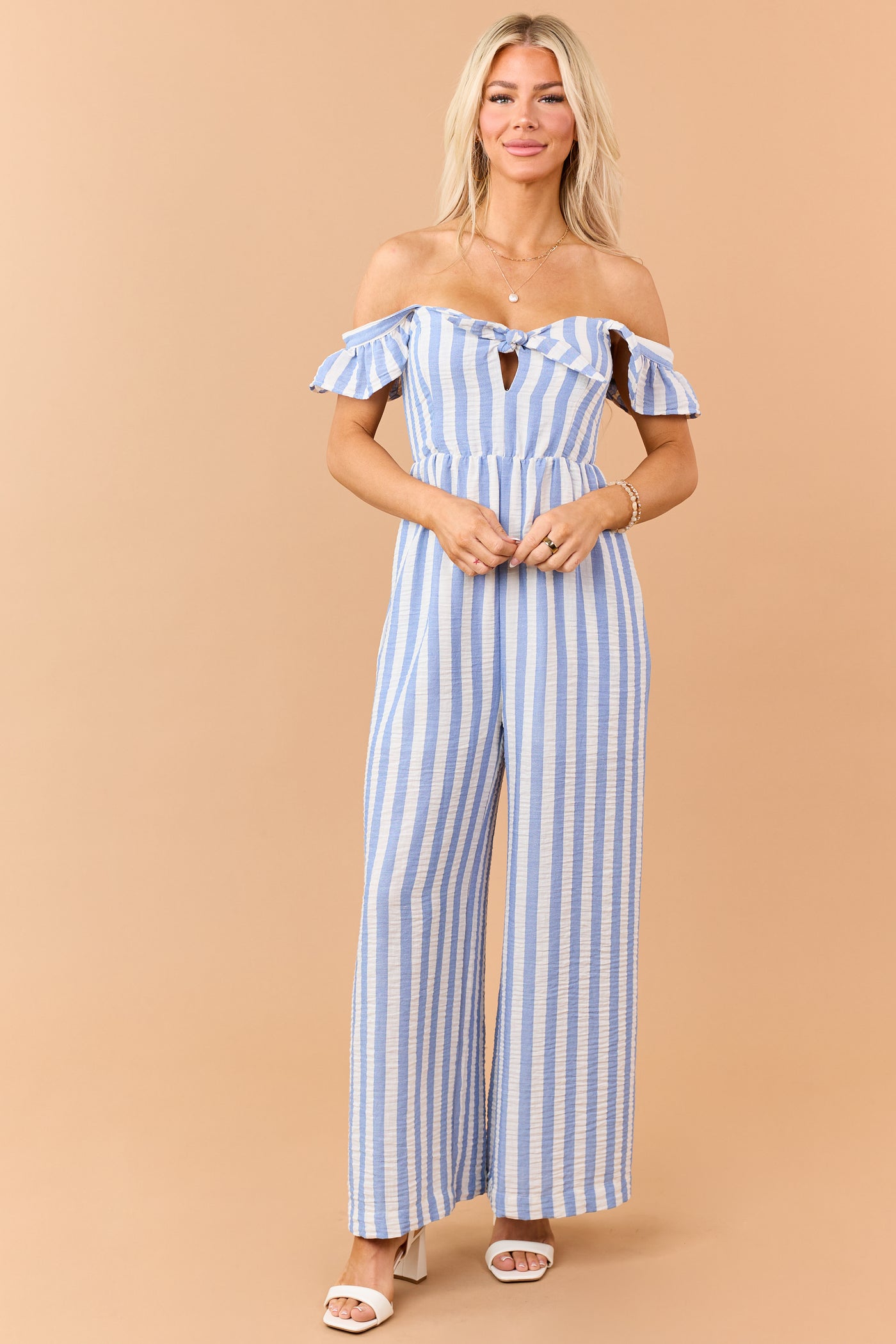 Powder Blue Striped Bust Tie Wide Leg Jumpsuit