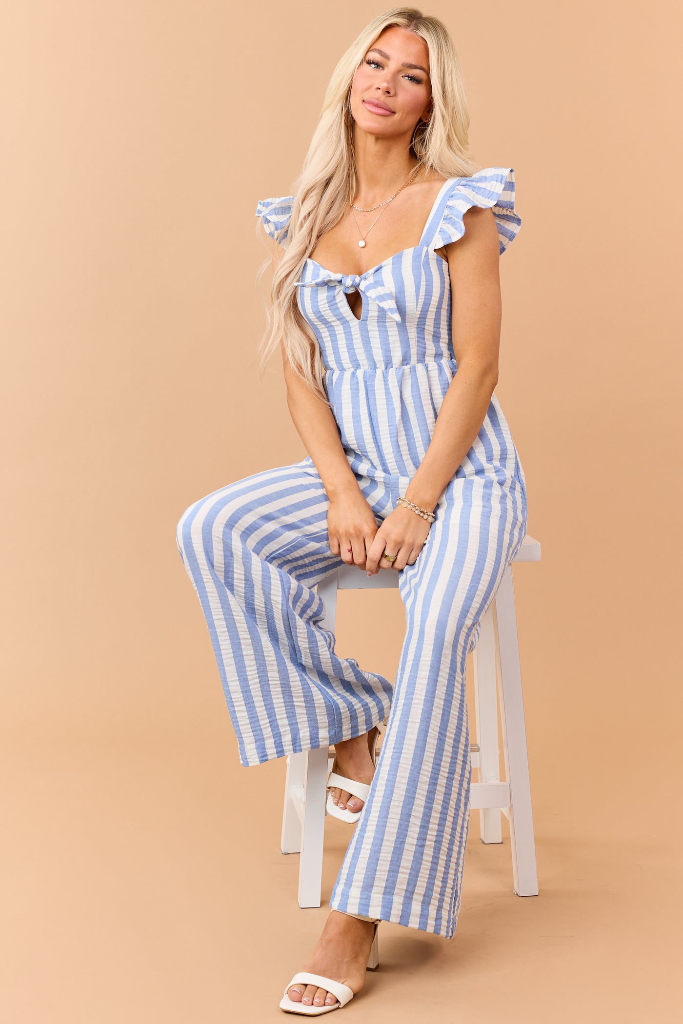 Powder Blue Striped Bust Tie Wide Leg Jumpsuit