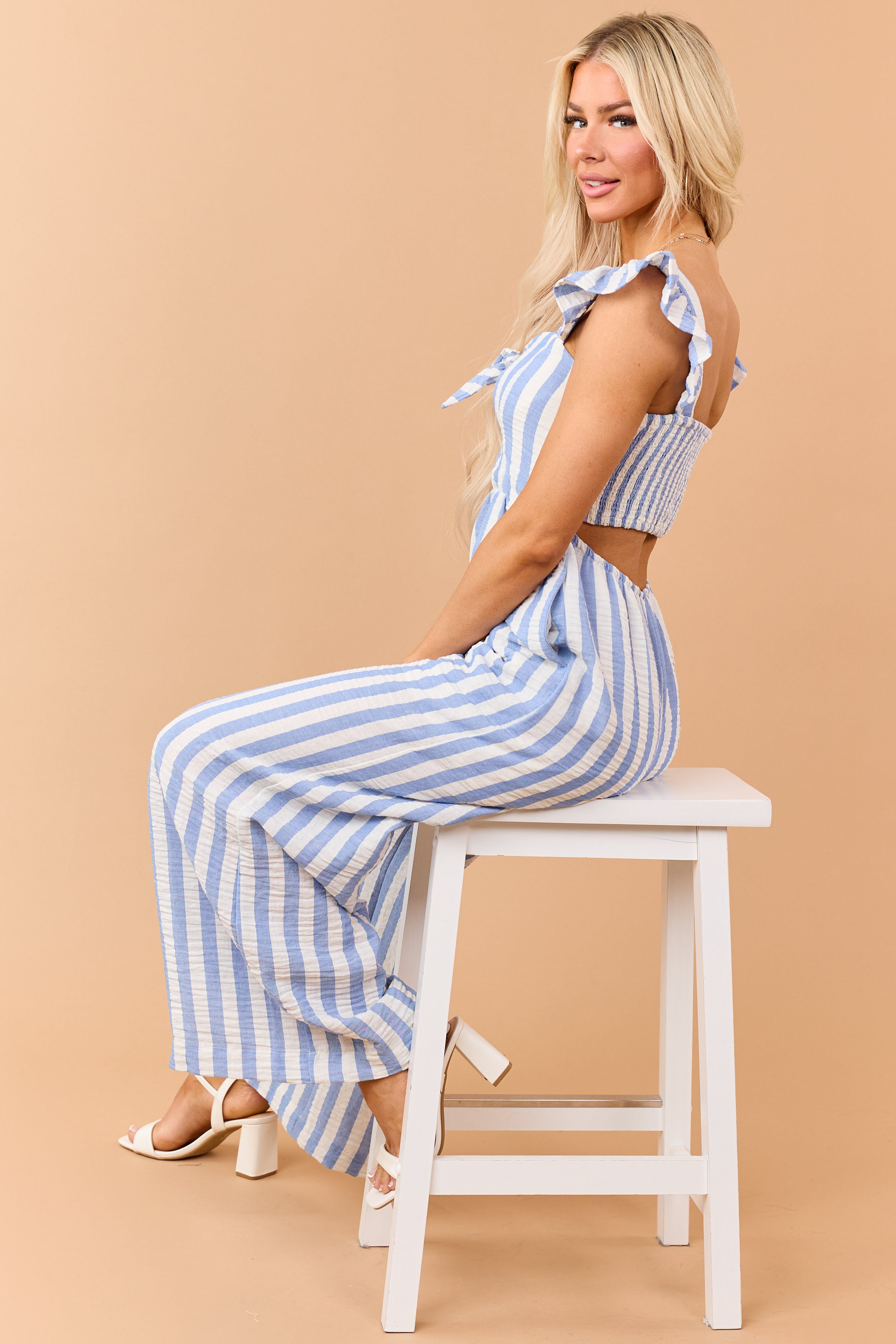 Powder Blue Striped Bust Tie Wide Leg Jumpsuit