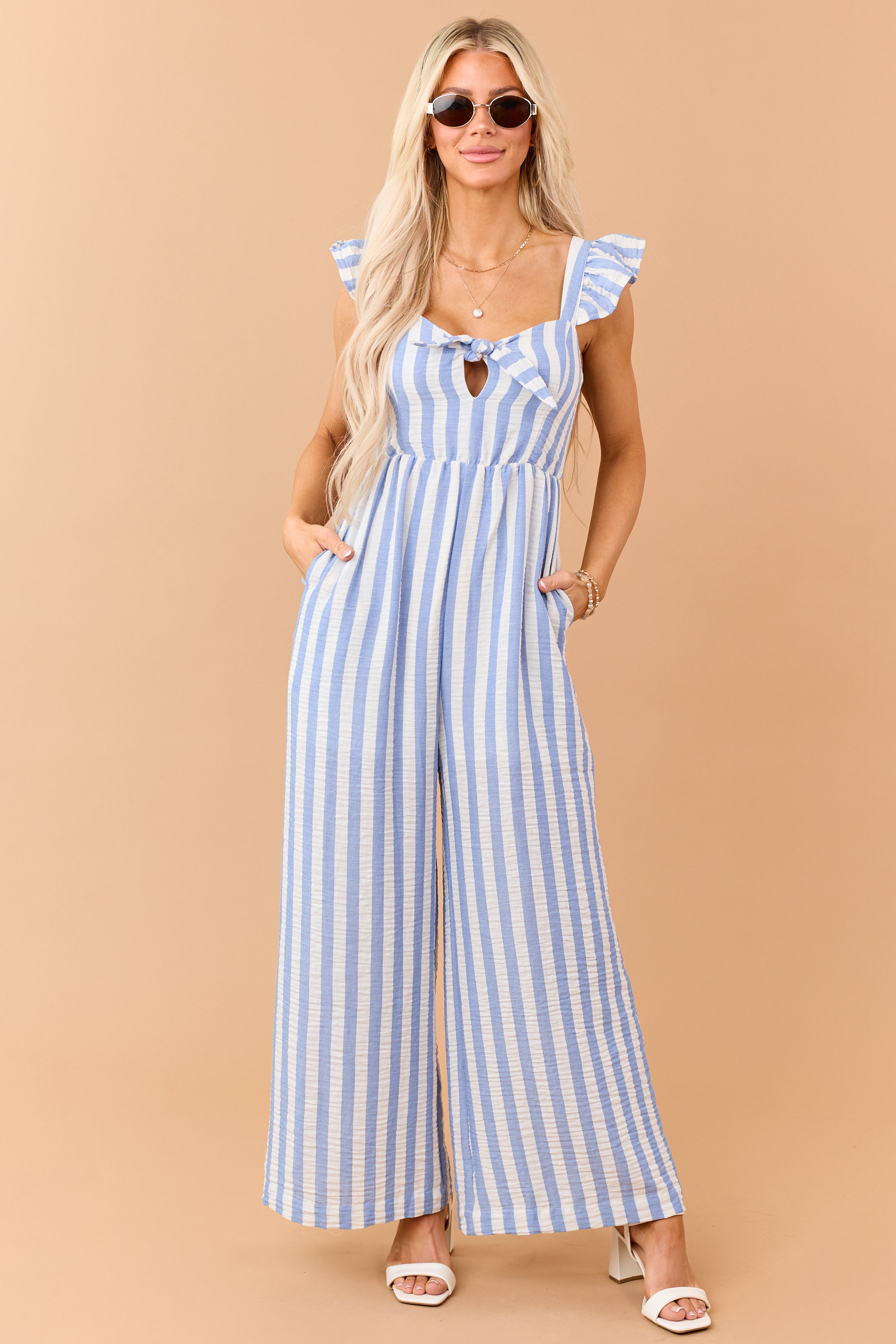 Powder Blue Striped Bust Tie Wide Leg Jumpsuit