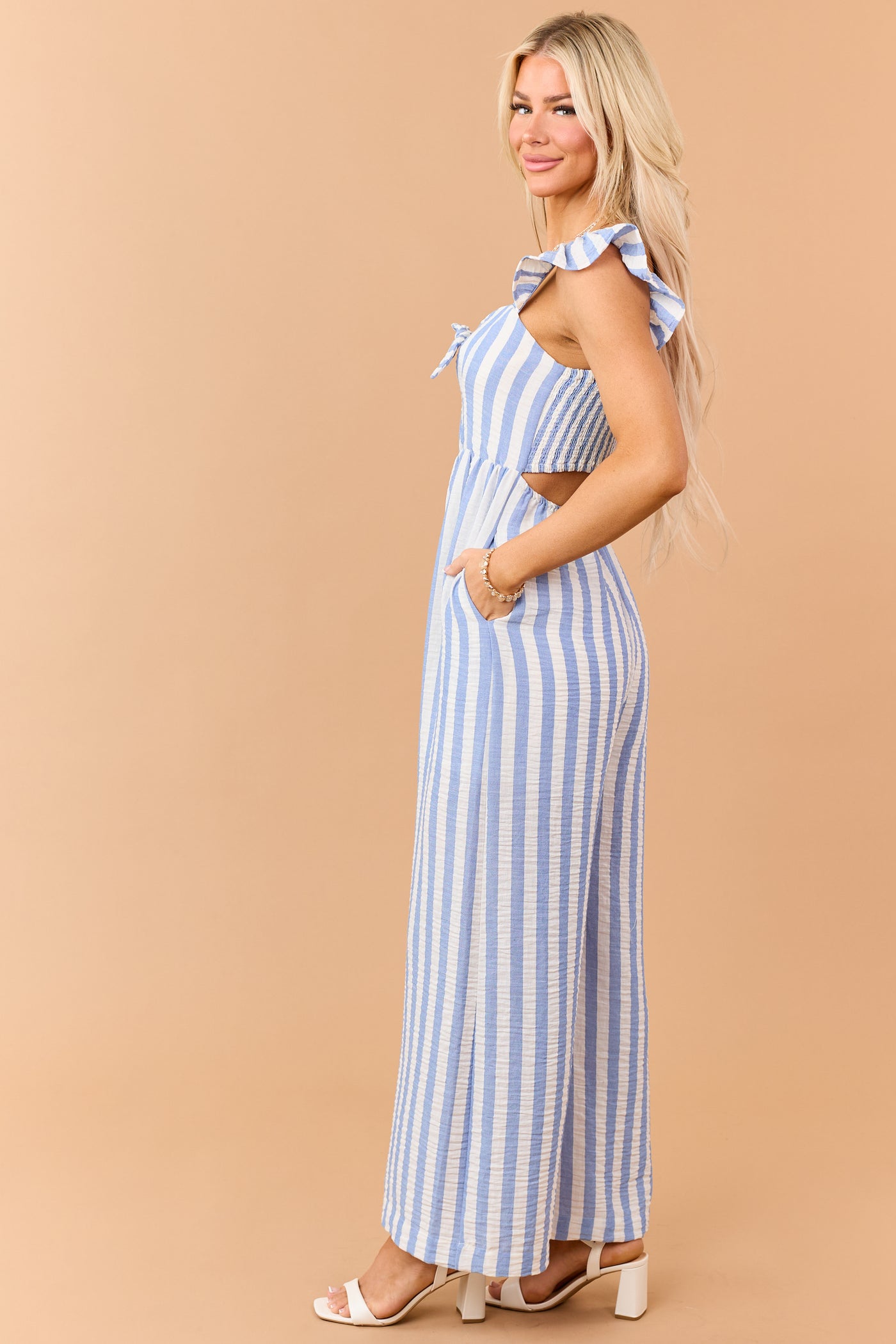 Powder Blue Striped Bust Tie Wide Leg Jumpsuit