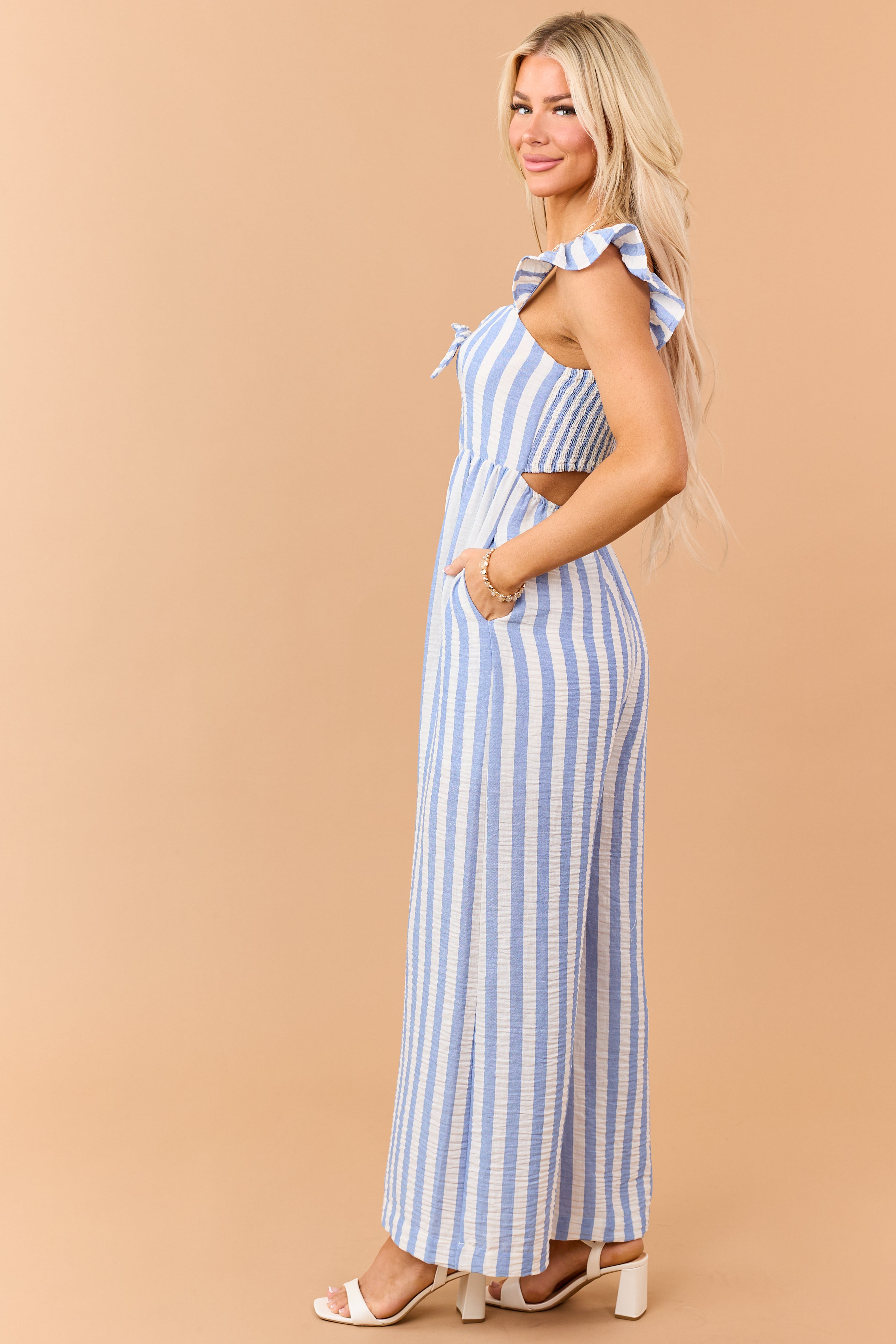 Powder Blue Striped Bust Tie Wide Leg Jumpsuit