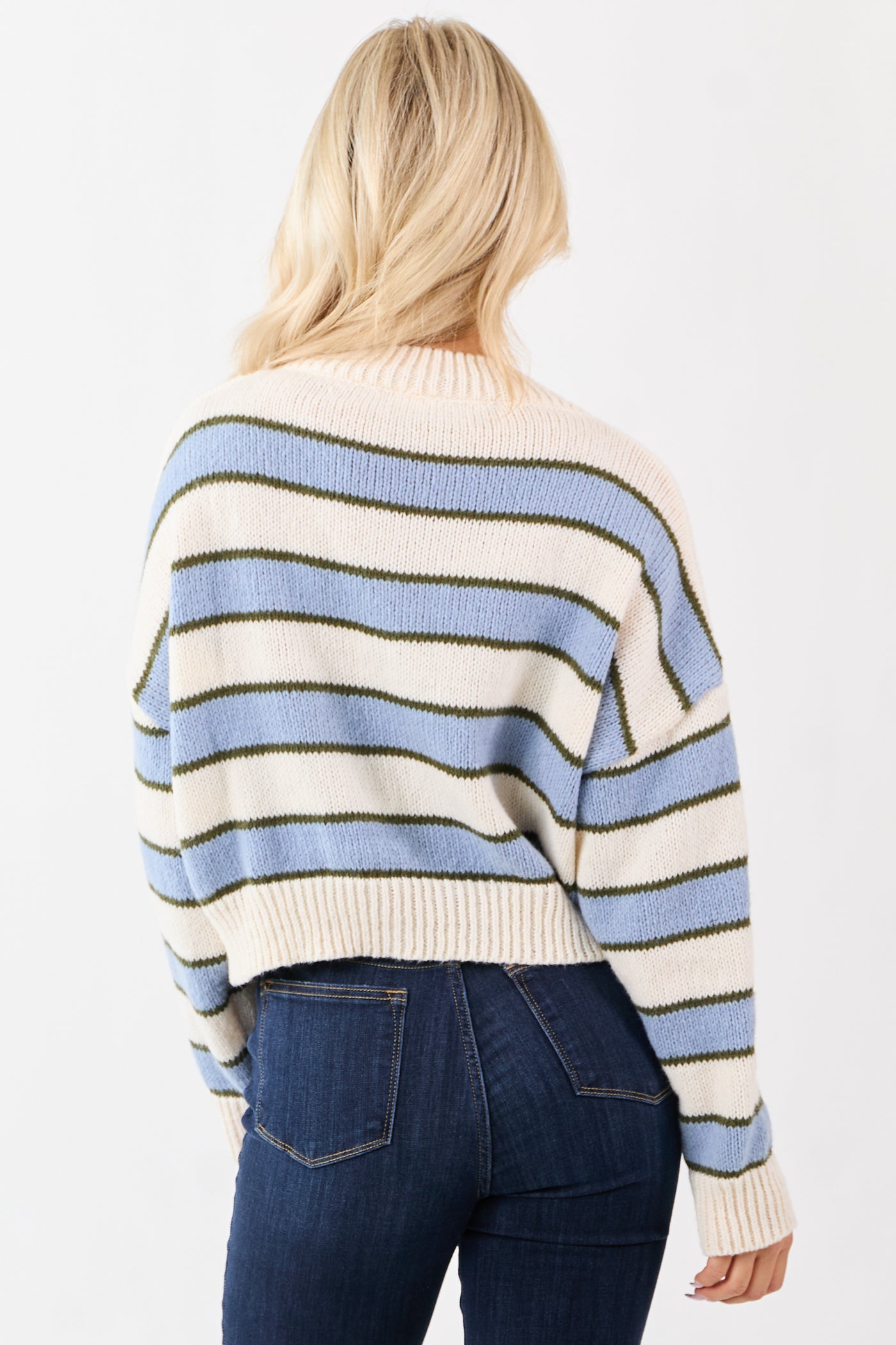 Powder Blue Striped V-Neck Boxy Rib Knit Sweater
