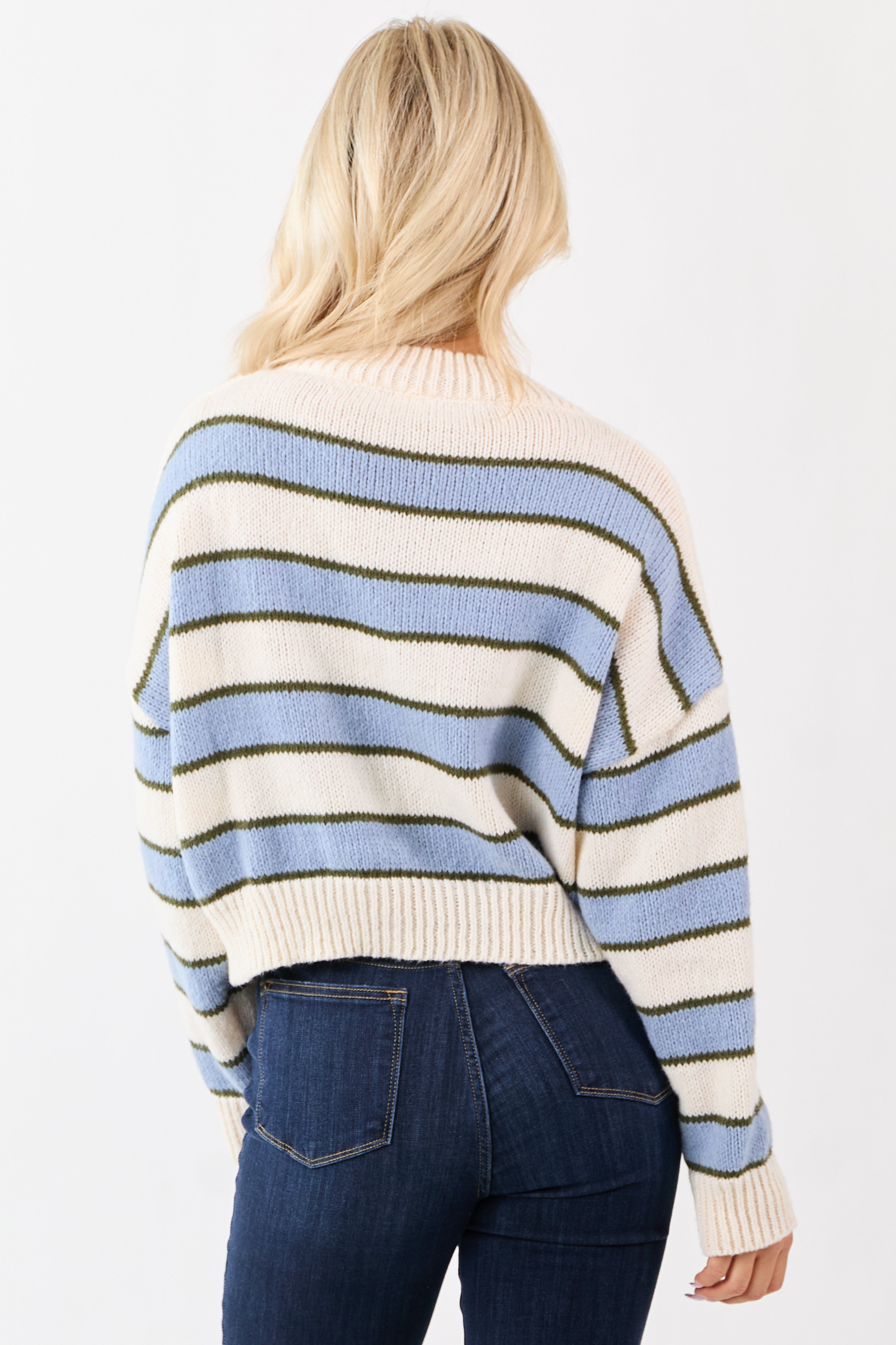 Powder Blue Striped V-Neck Boxy Rib Knit Sweater