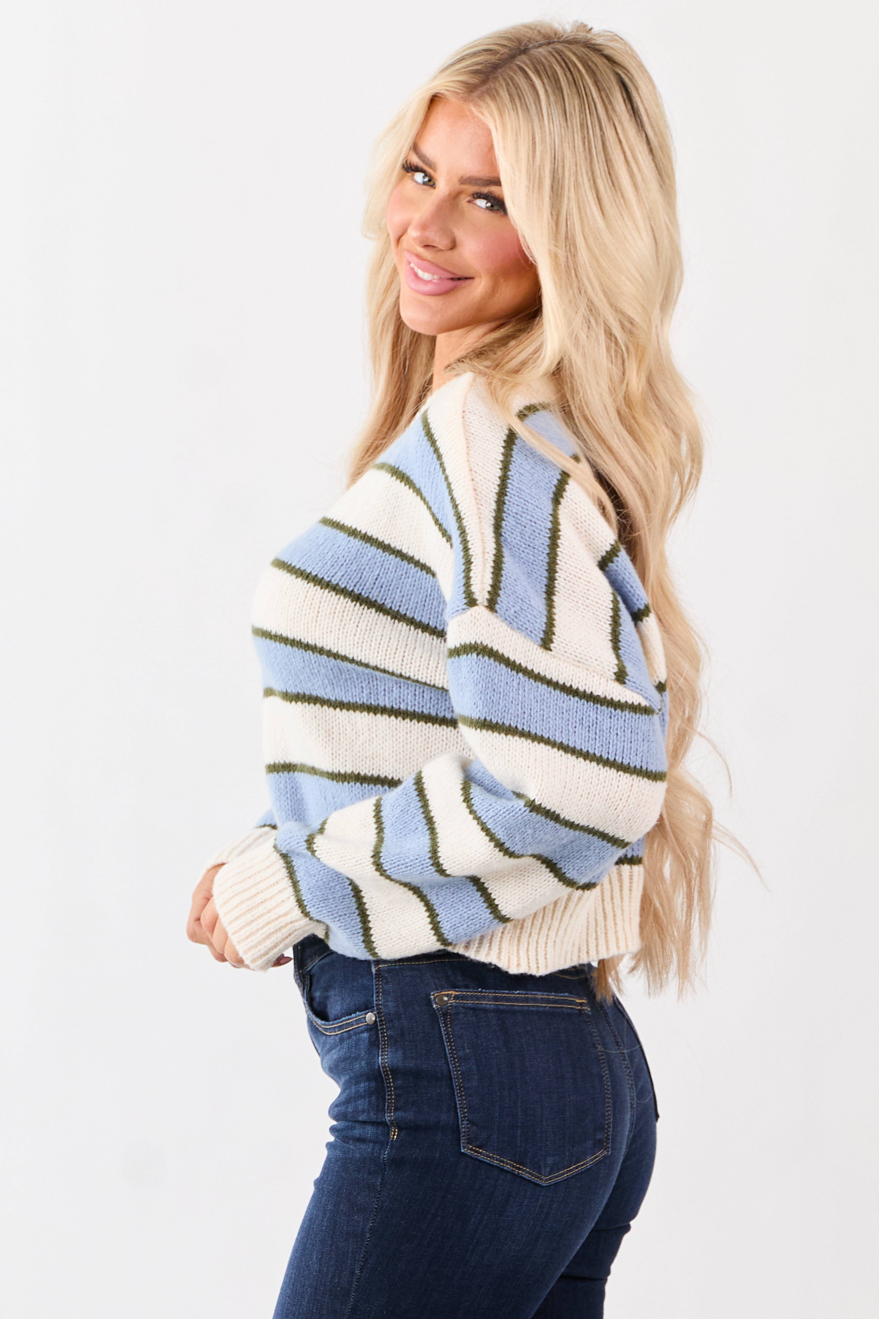 Powder Blue Striped V-Neck Boxy Rib Knit Sweater