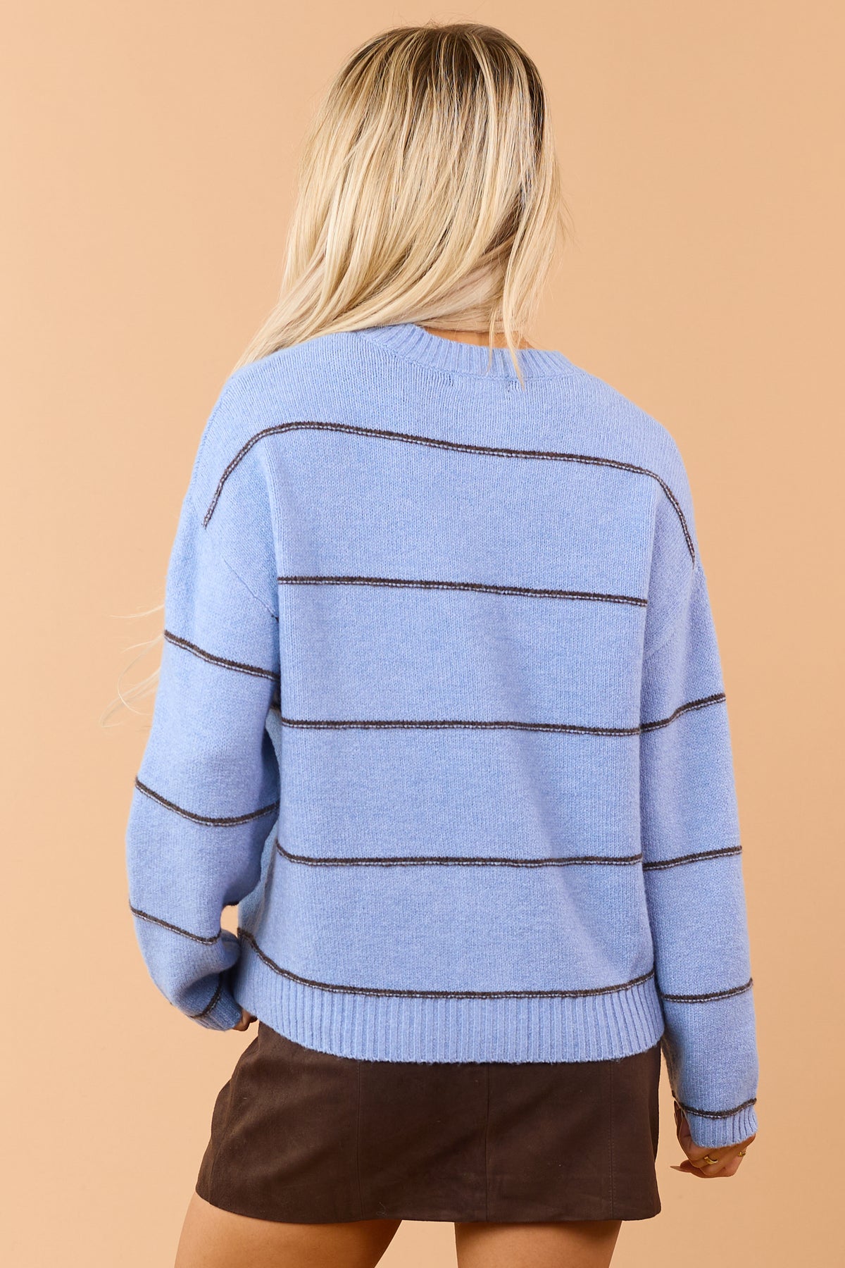Powder Blue Striped Wool Blend Soft Knit Cardigan