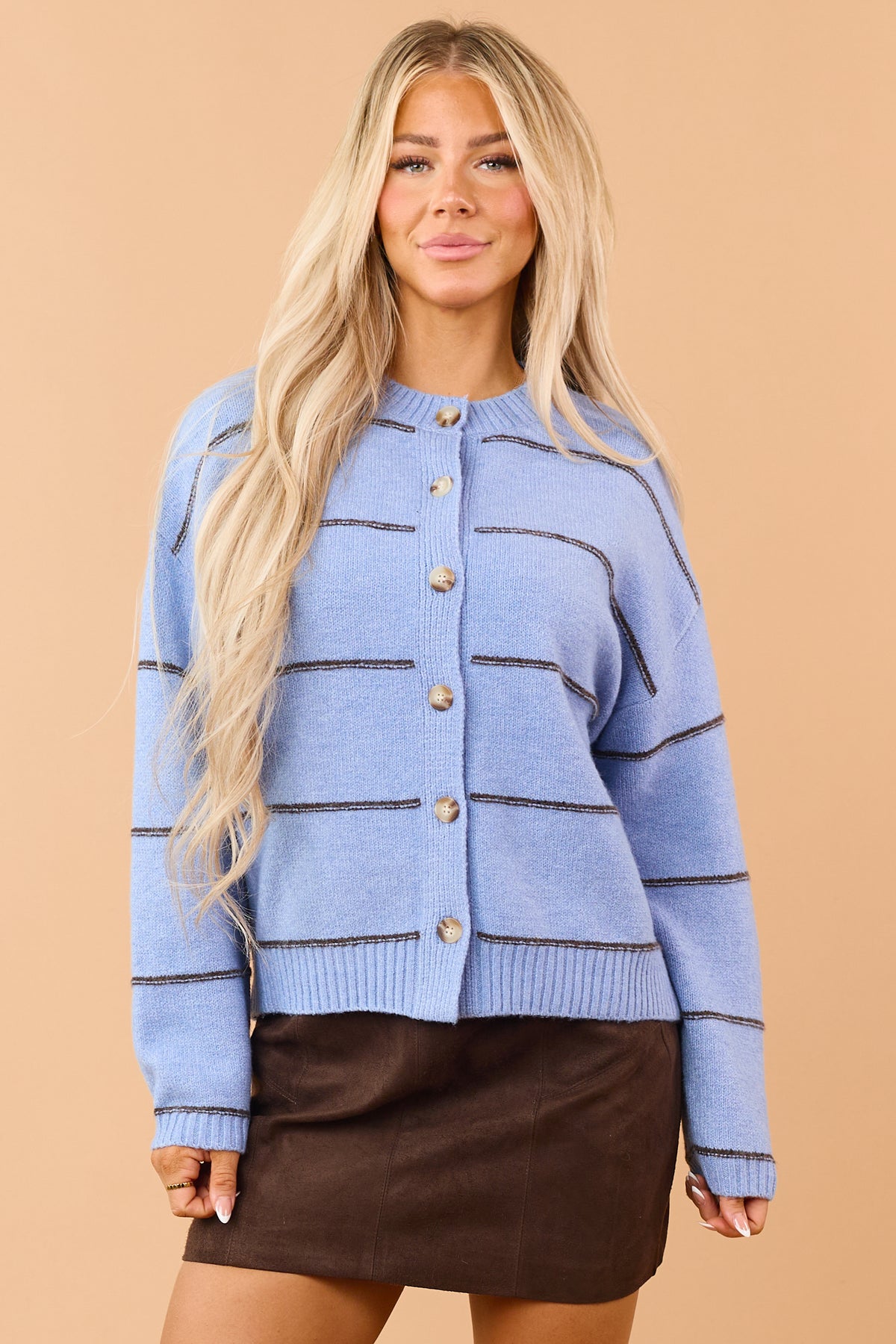 Powder Blue Striped Wool Blend Soft Knit Cardigan