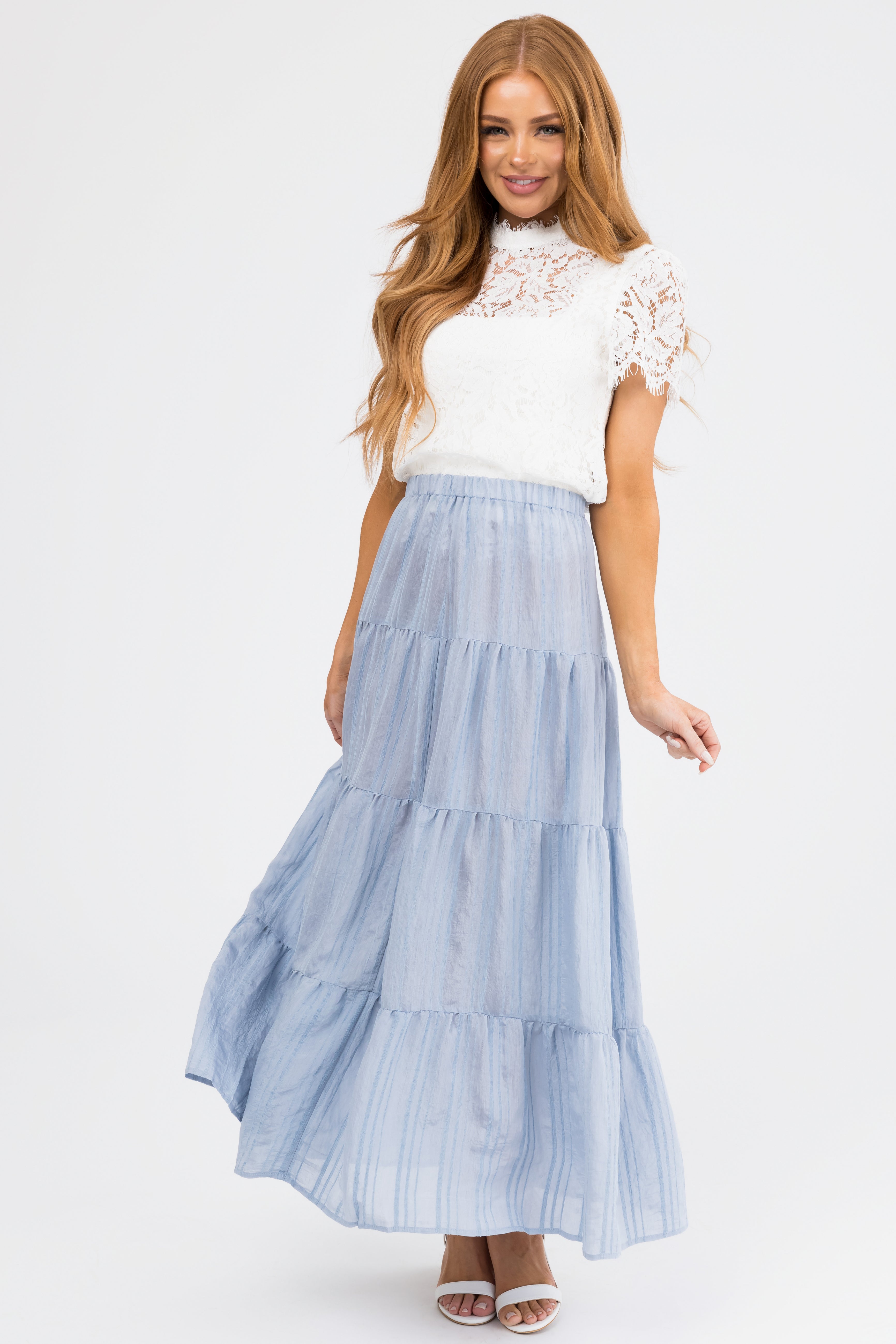 Powder Blue Textured Tiered Maxi Skirt | Lime Lush Boutique