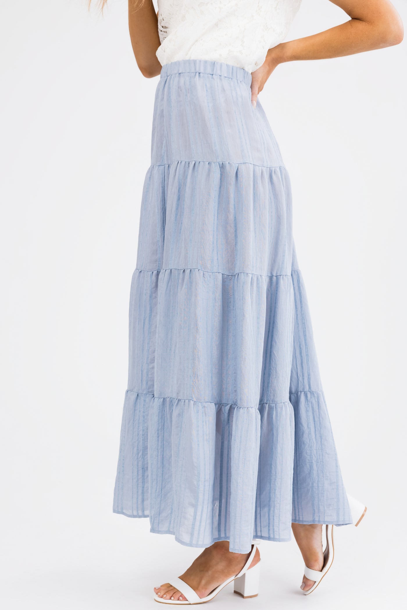 Powder Blue Textured Tiered Maxi Skirt