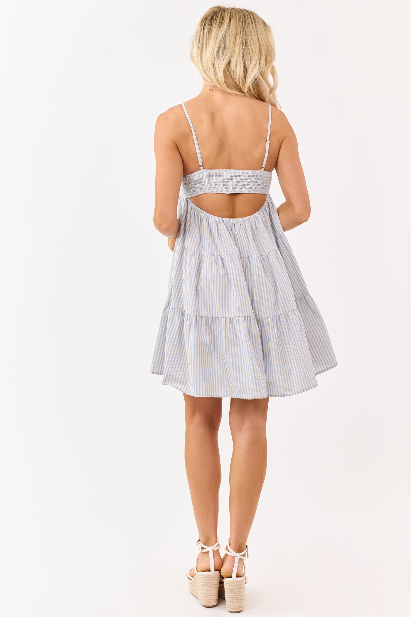 Powder Blue and Almond Striped Tiered Mini Dress