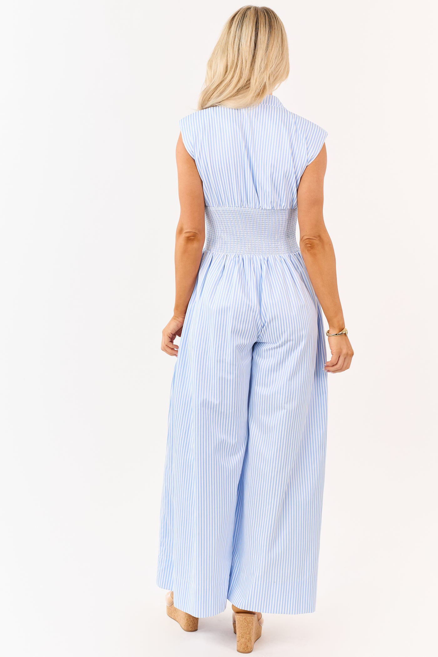 Powder Blue and White Striped Smocked Waist Jumpsuit