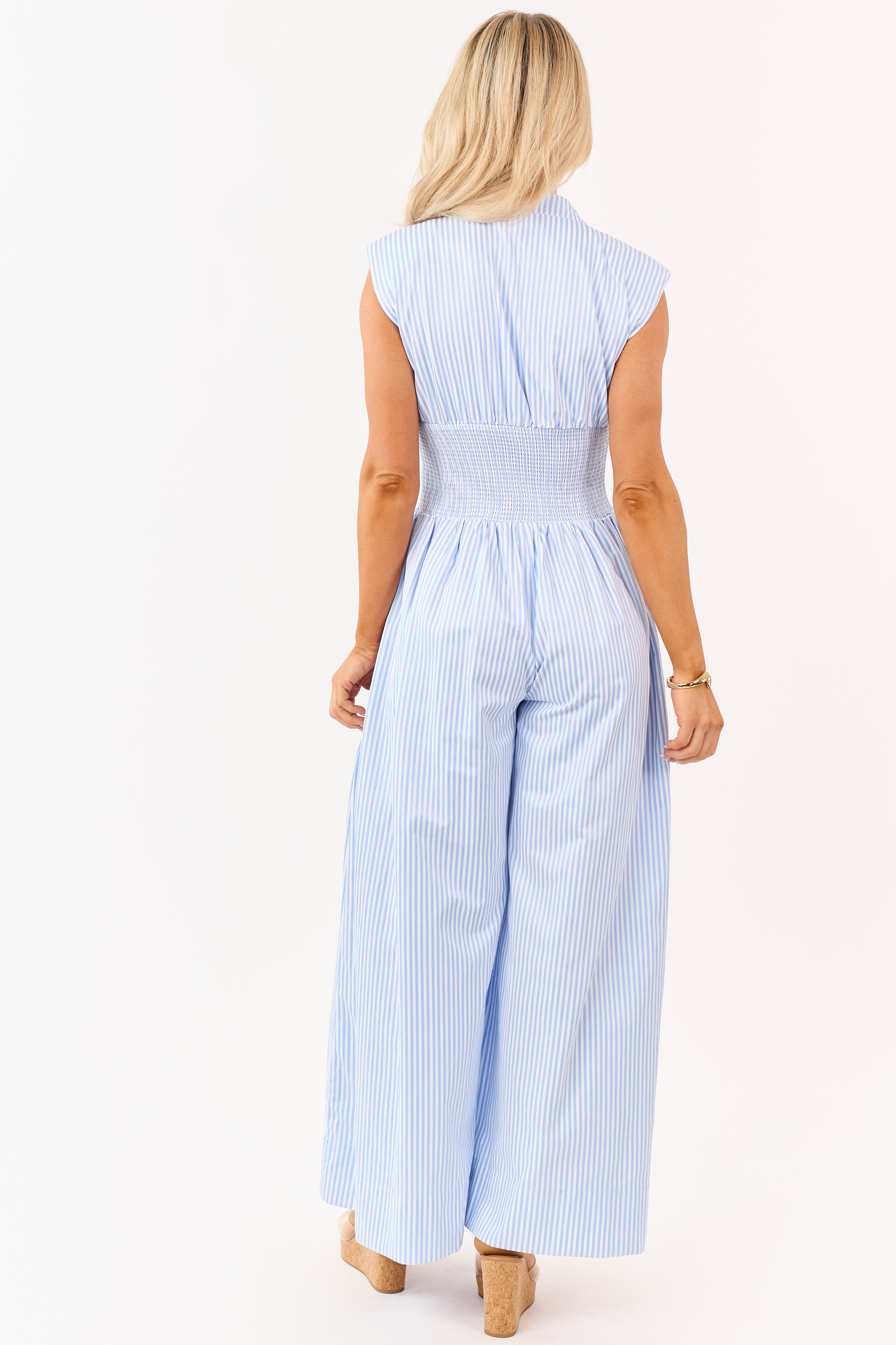 Powder Blue and White Striped Smocked Waist Jumpsuit