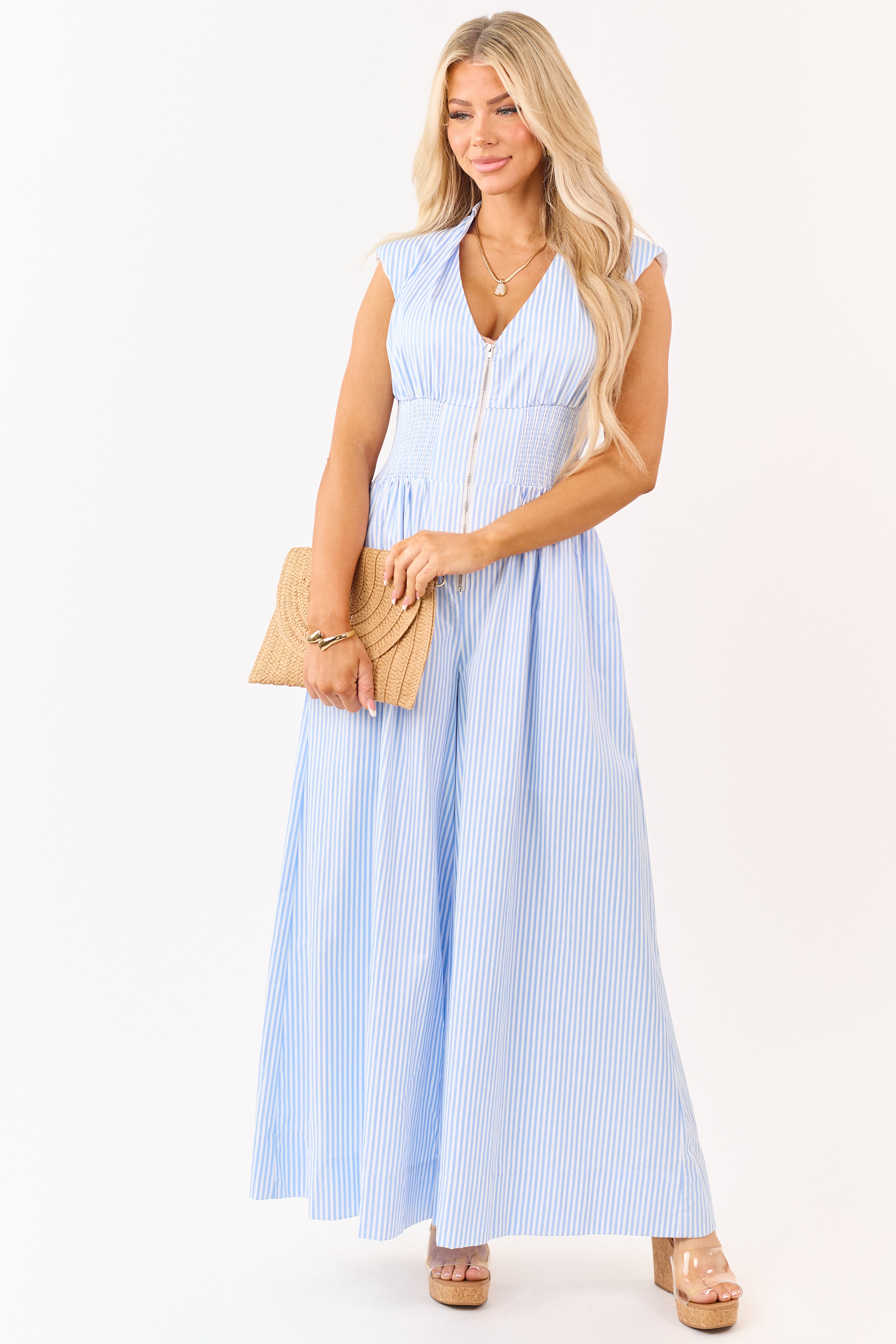 Powder Blue and White Striped Smocked Waist Jumpsuit