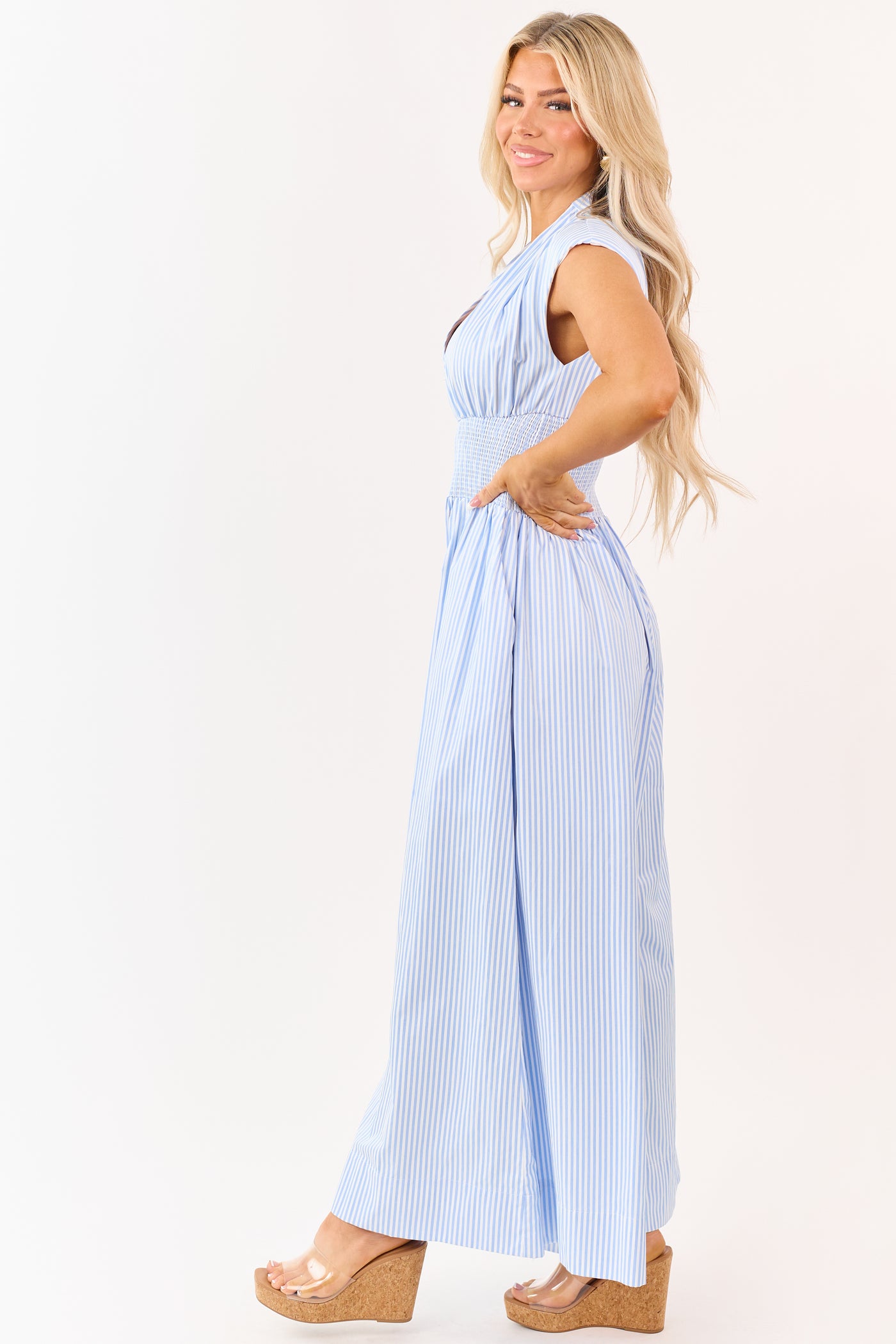 Powder Blue and White Striped Smocked Waist Jumpsuit