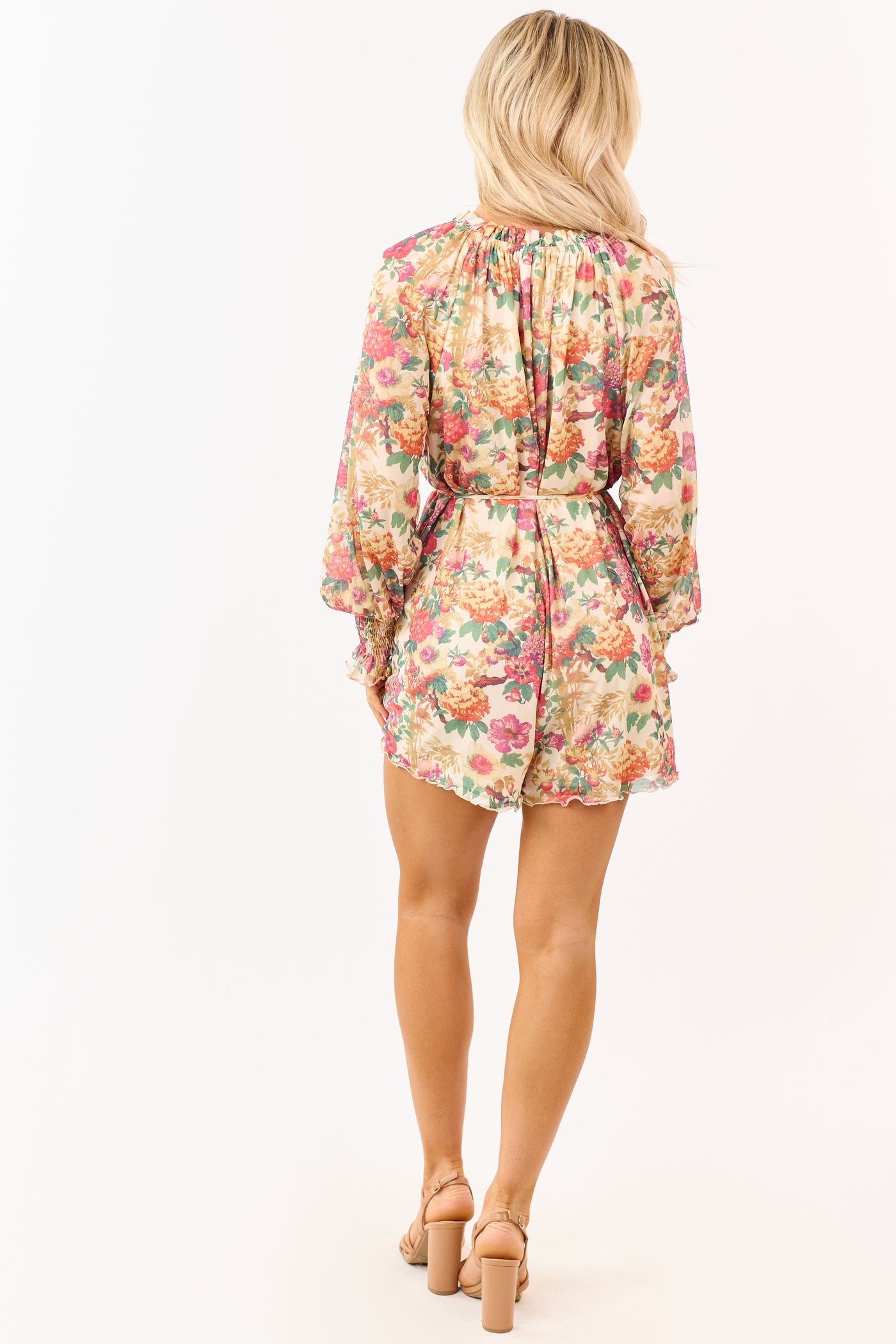 Promesa Almond Floral Mesh Long Sleeve Romper