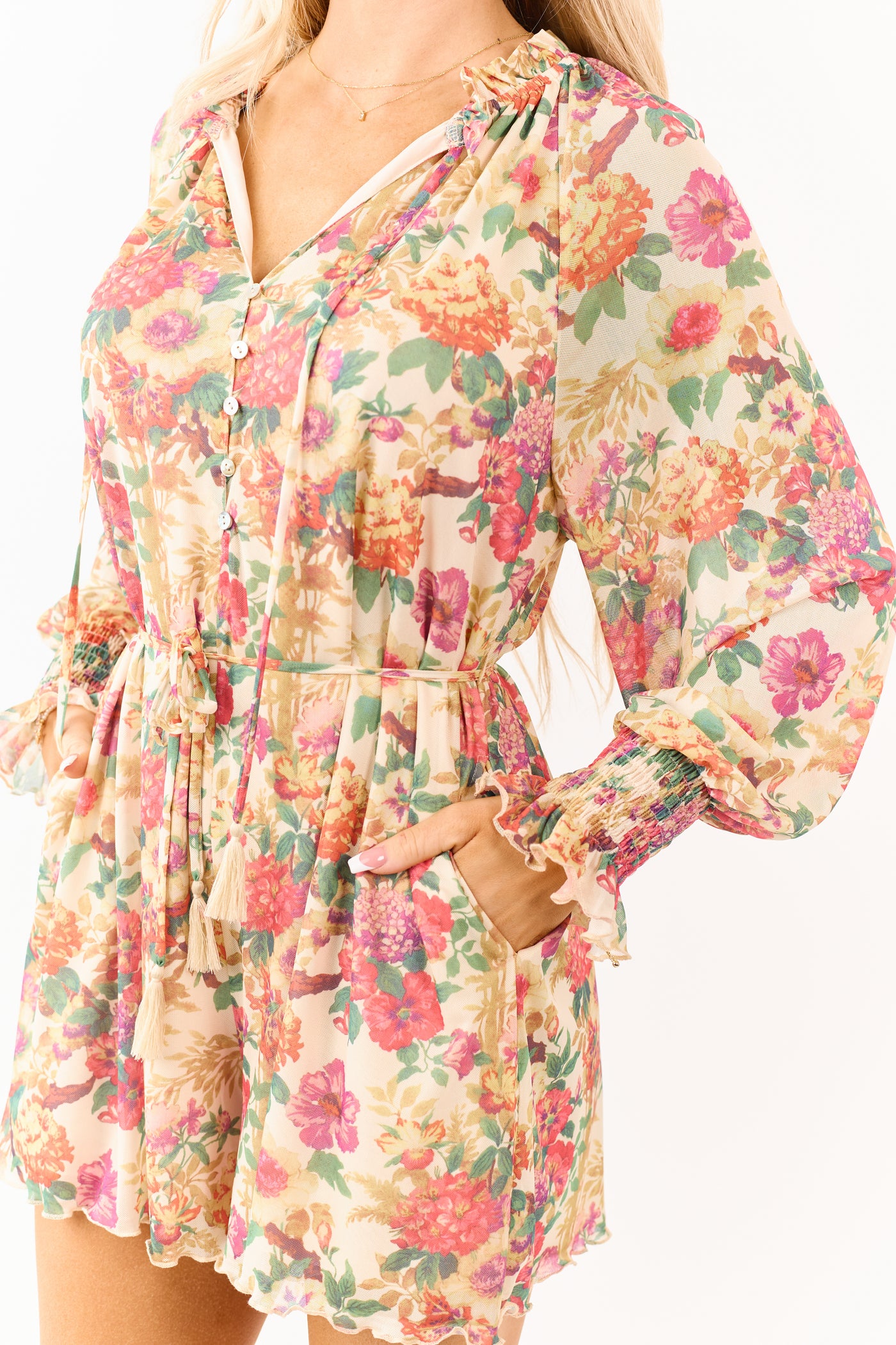 Promesa Almond Floral Mesh Long Sleeve Romper